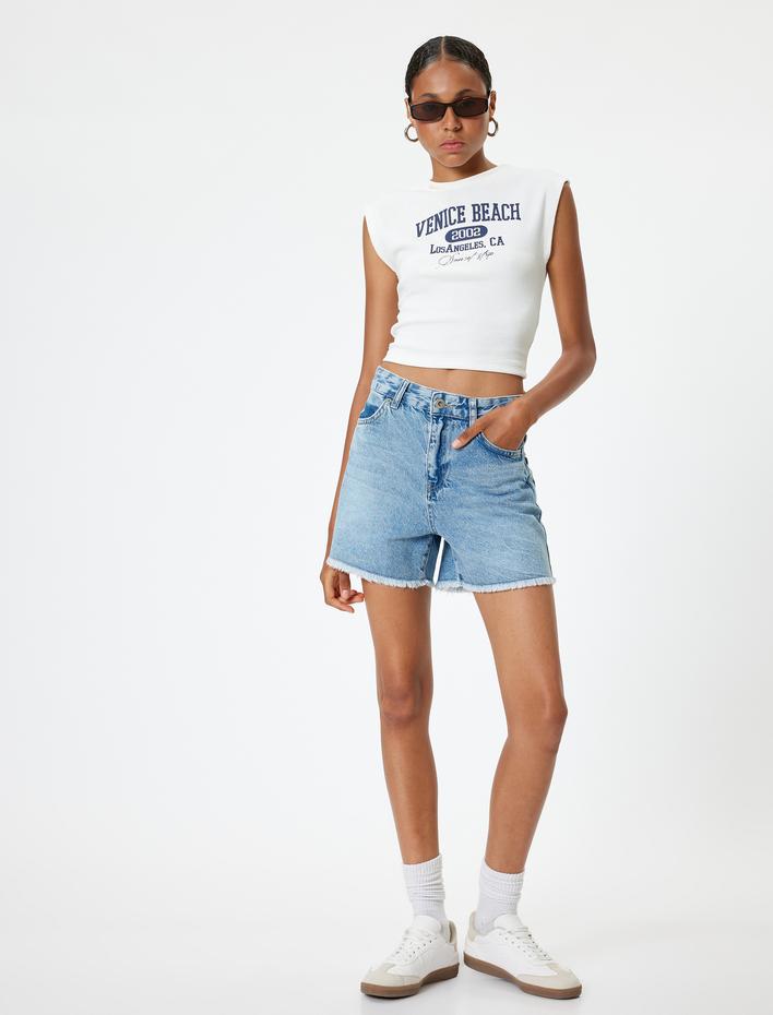  Mini Kot Şort Düğmeli Standart Bel Rahat Kesim Cep Detaylı