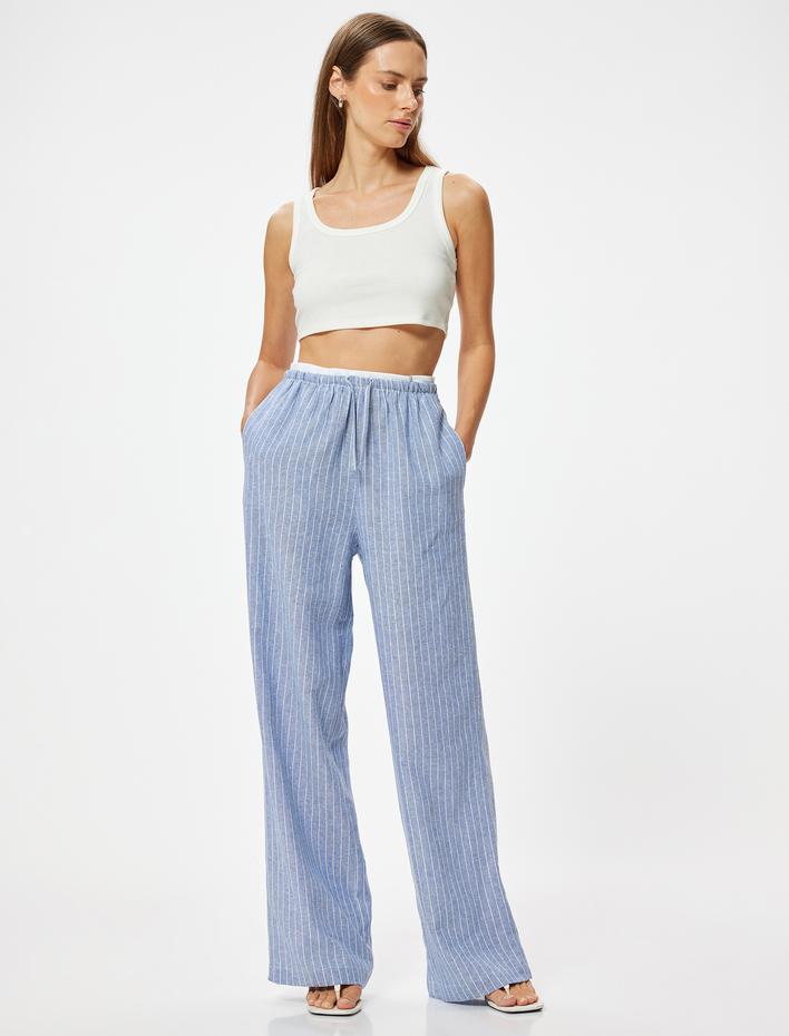  Geniş Paça Keten Pantolon Çift Bel Detaylı Cepli Bol Kalıp