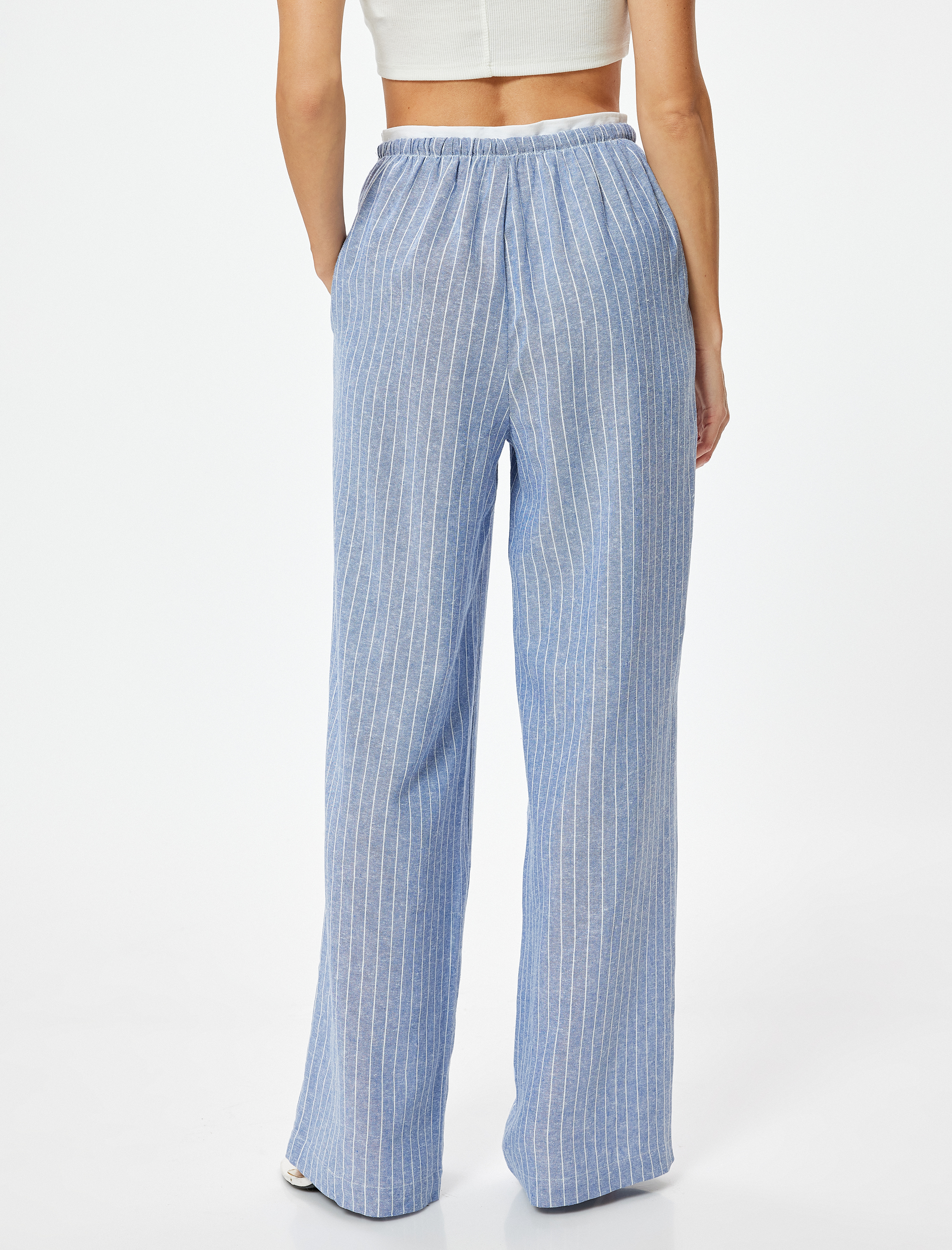   Geniş Paça Keten Pantolon Çift Bel Detaylı Cepli Bol Kalıp