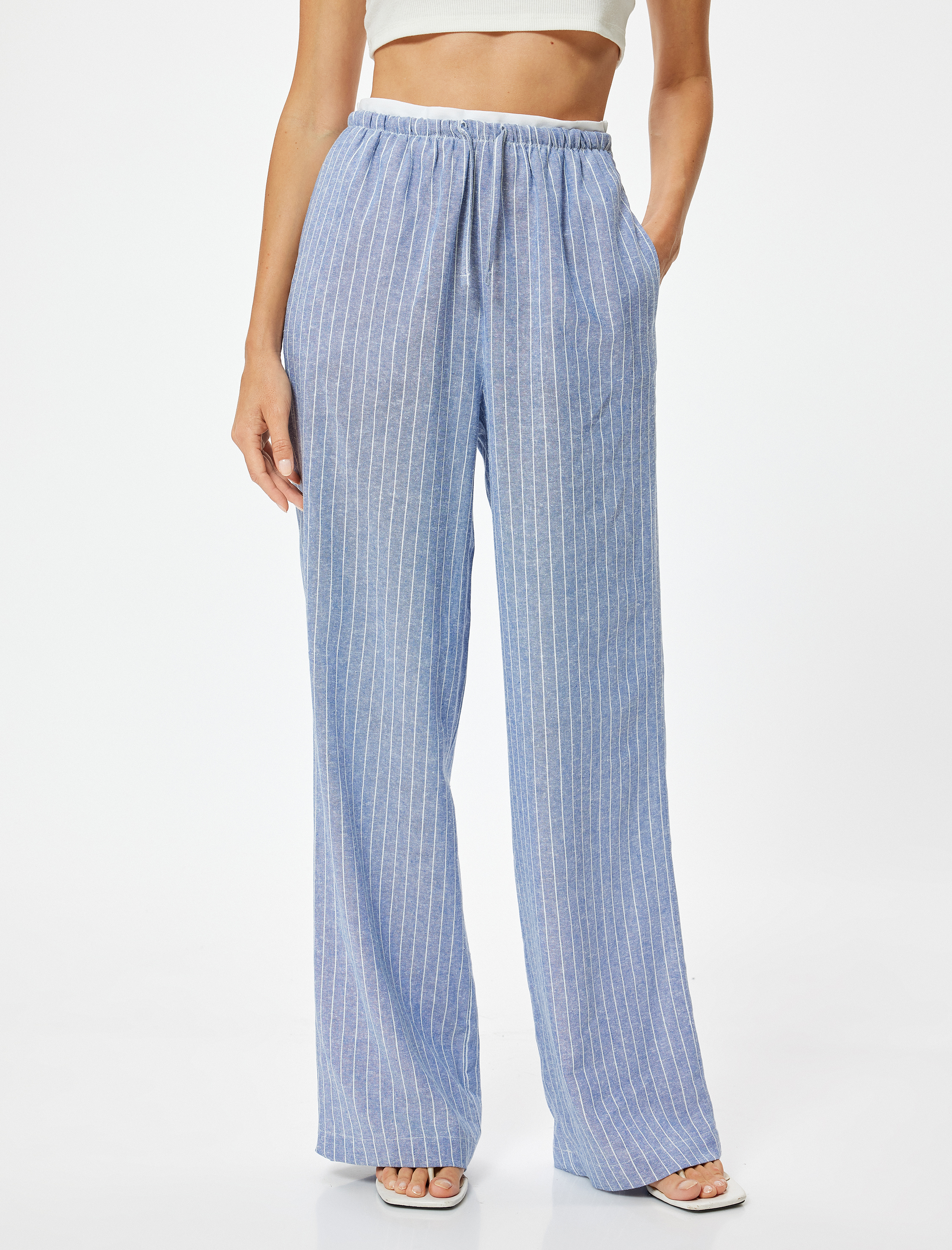   Geniş Paça Keten Pantolon Çift Bel Detaylı Cepli Bol Kalıp