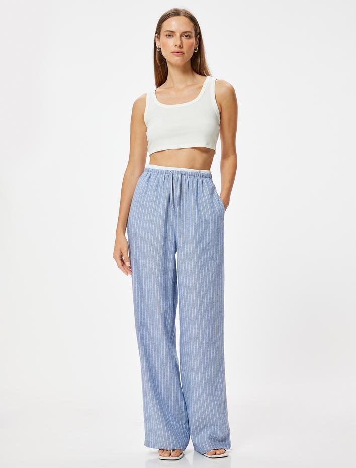  Geniş Paça Keten Pantolon Çift Bel Detaylı Cepli Bol Kalıp