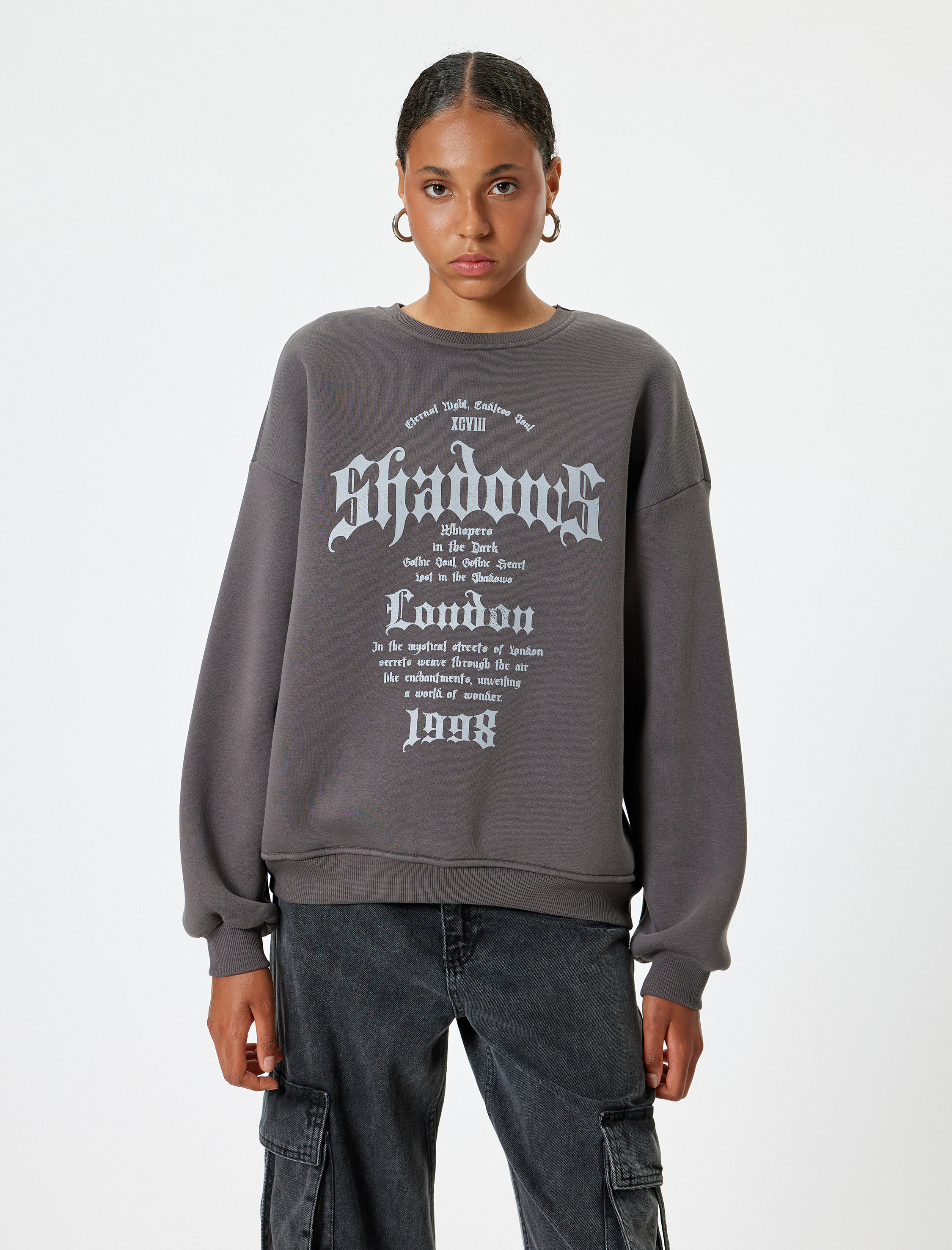   Oversize Sweatshirt Grafiti Baskılı Bisiklet Yaka Şardonlu