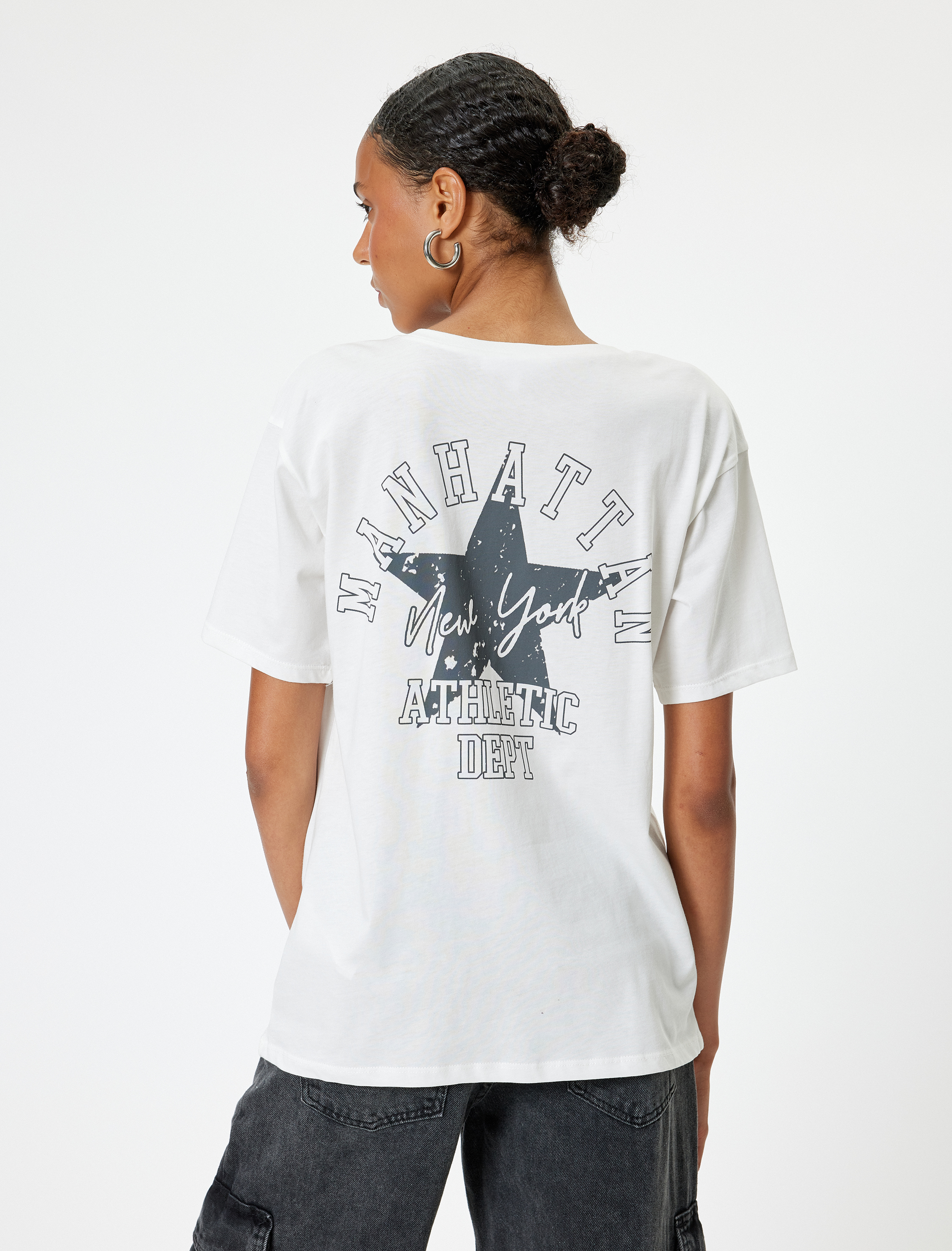   Oversize Tişört Arkası Baskılı Bisiklet Yaka Kısa Kollu Pamuklu