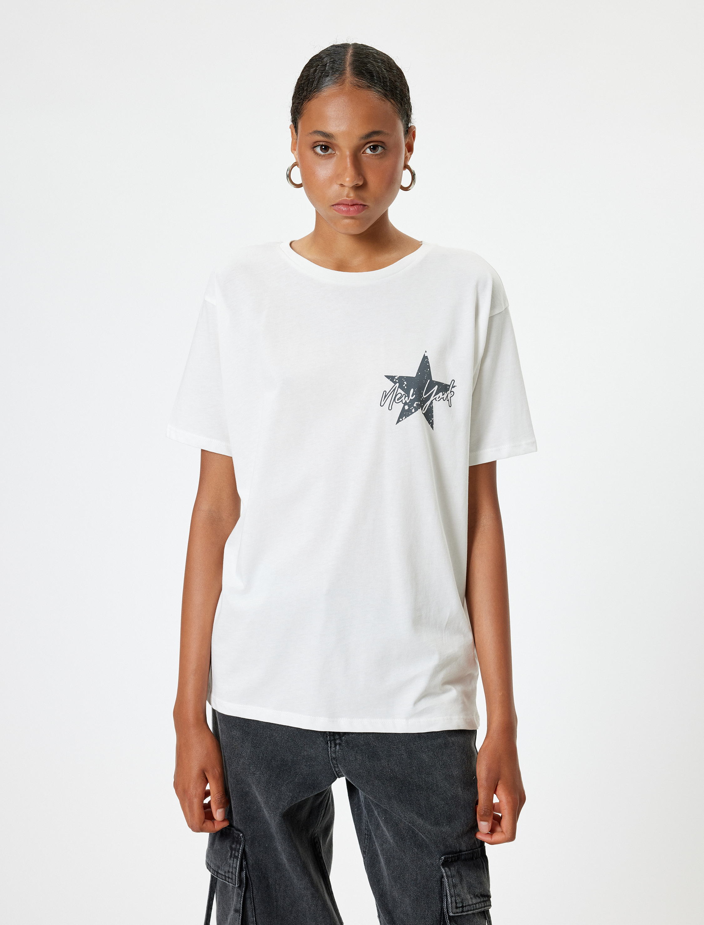   Oversize Tişört Arkası Baskılı Bisiklet Yaka Kısa Kollu Pamuklu