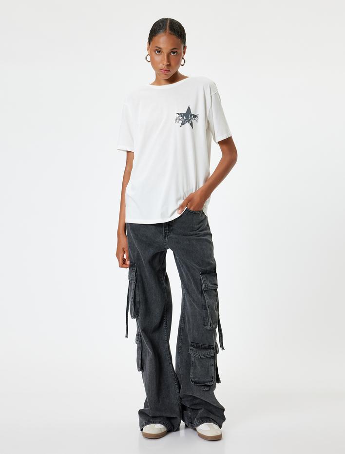  Oversize Tişört Arkası Baskılı Bisiklet Yaka Kısa Kollu Pamuklu