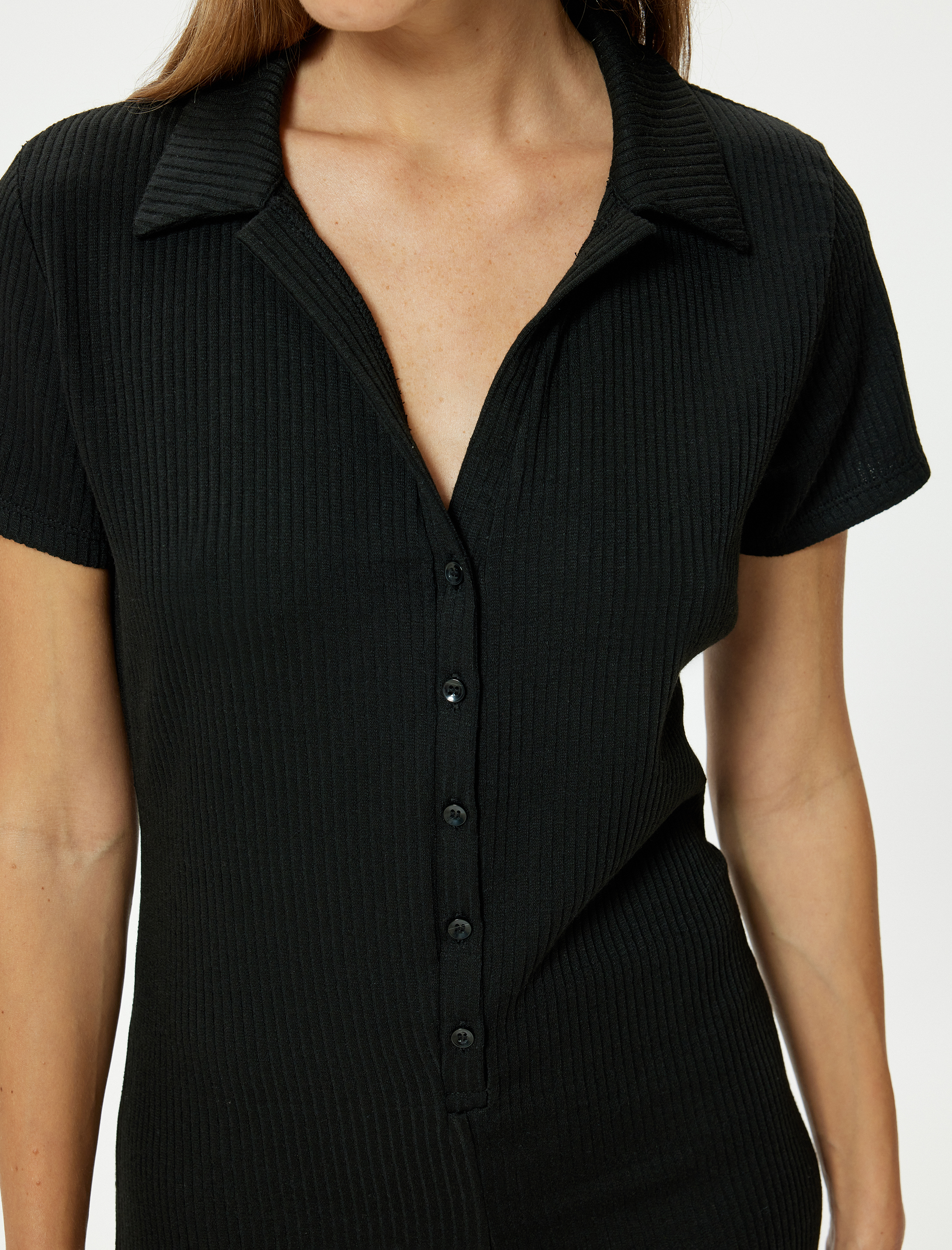   Mini Şort Tulum Polo Yaka Kısa Kollu Yarım Düğmeli Ribanalı