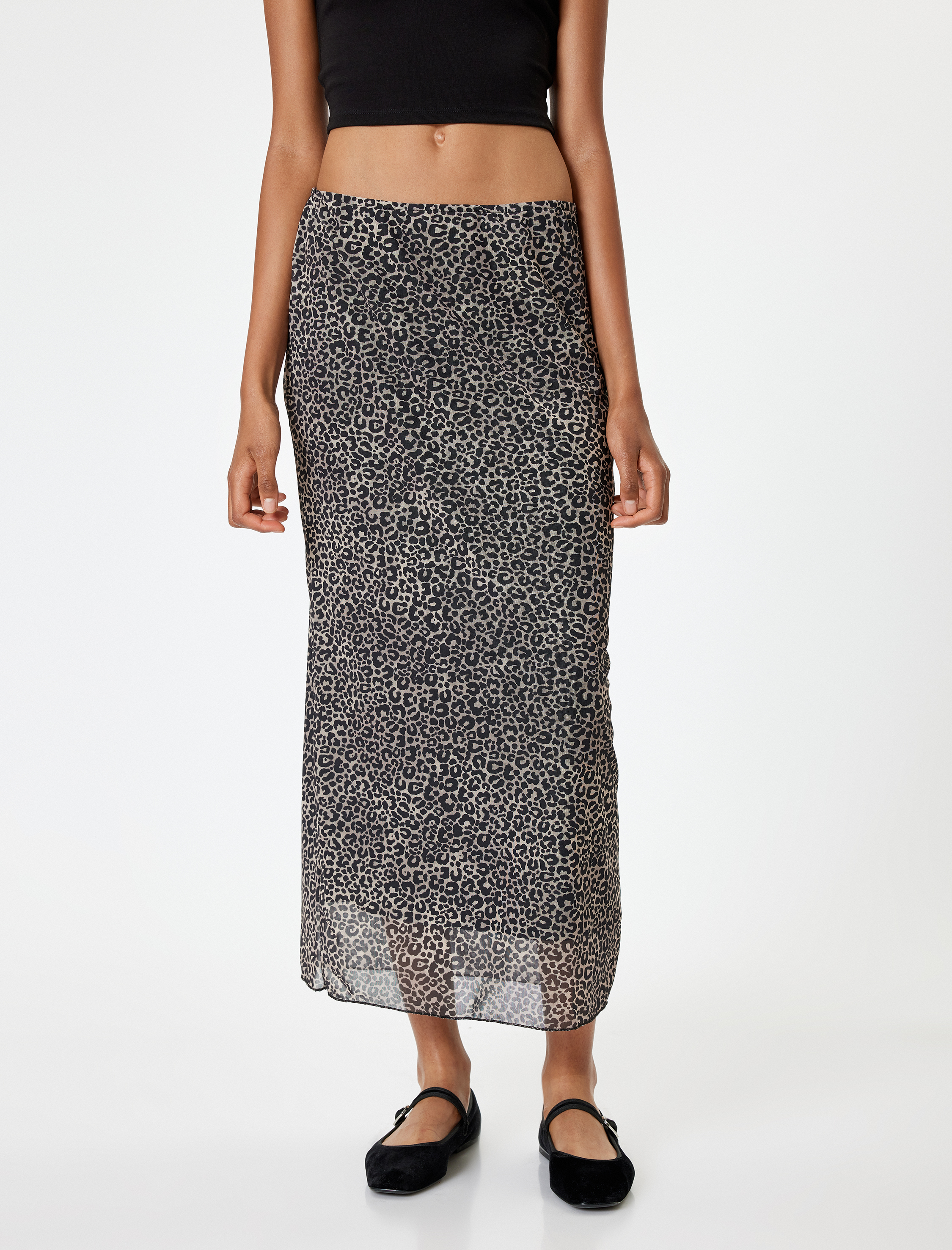   Leopar Desenli Tül Midi Etek Standart Bel