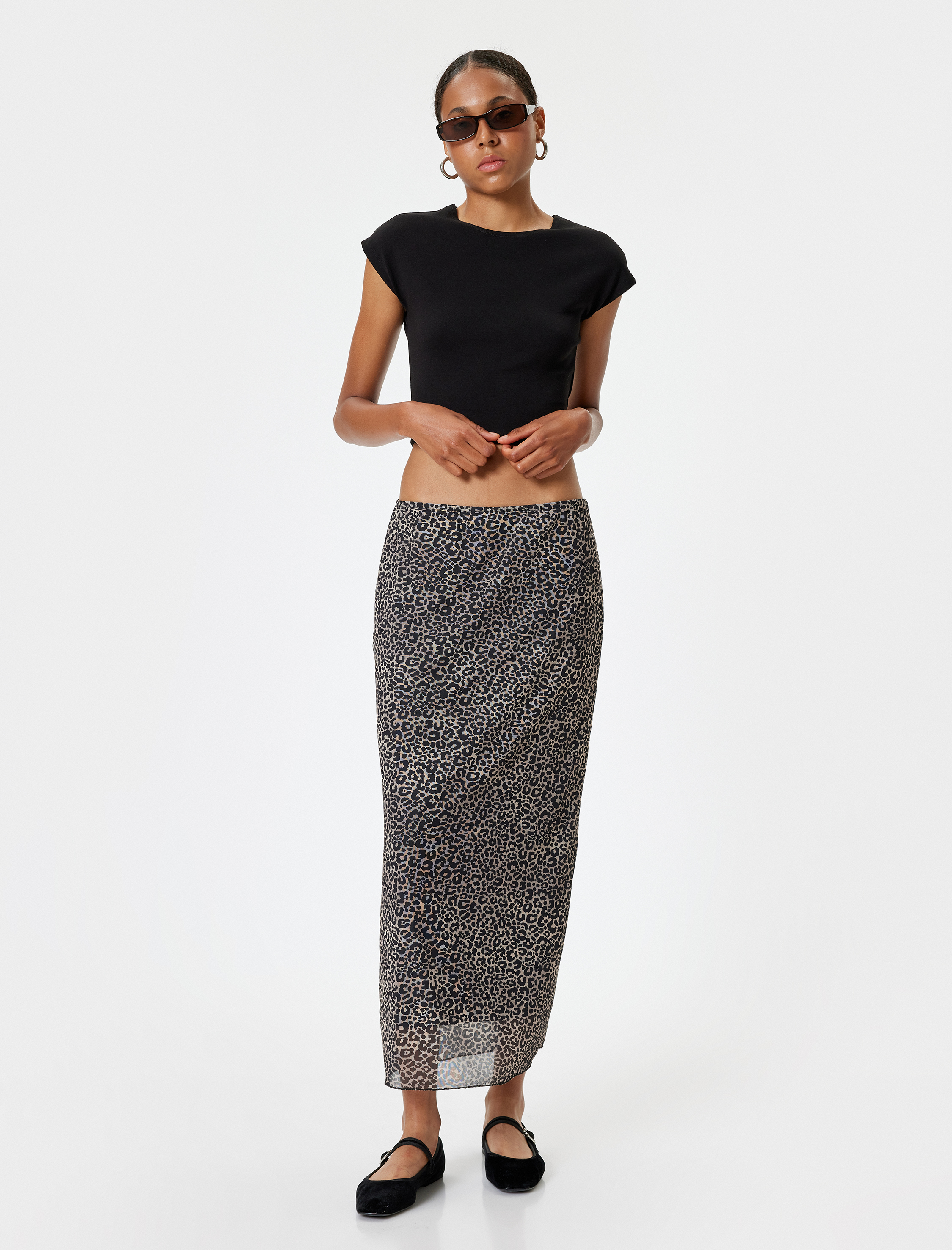   Leopar Desenli Tül Midi Etek Standart Bel
