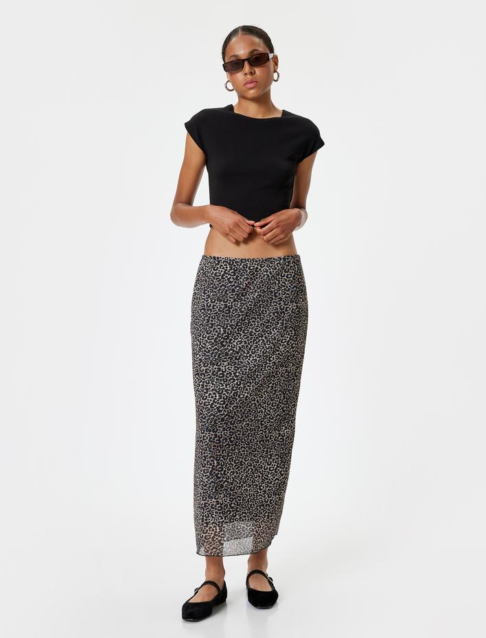  Leopar Desenli Tül Midi Etek Standart Bel
