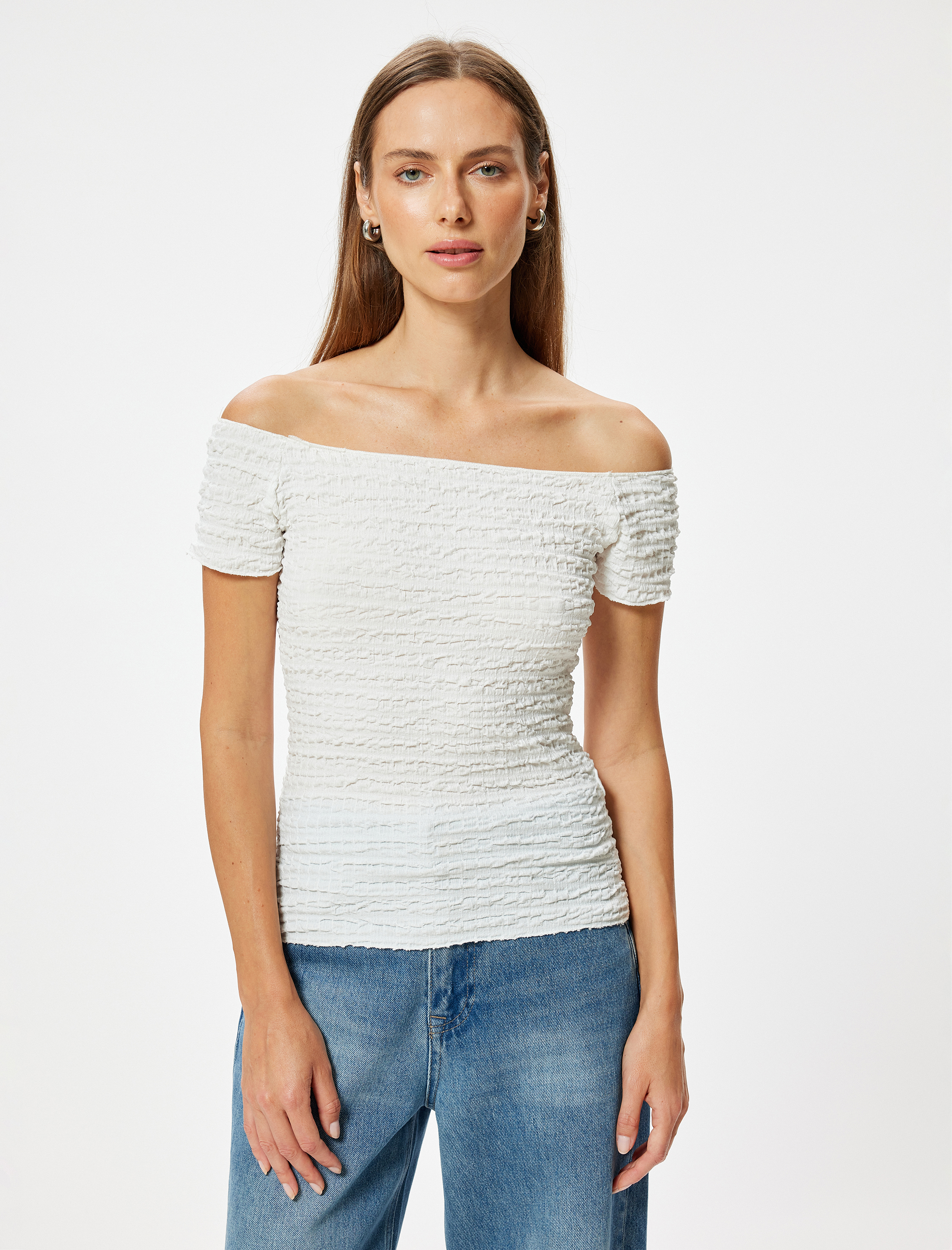   Madonna Yaka Omzu Açık Tişört Dokulu Kısa Kollu Slim Fit