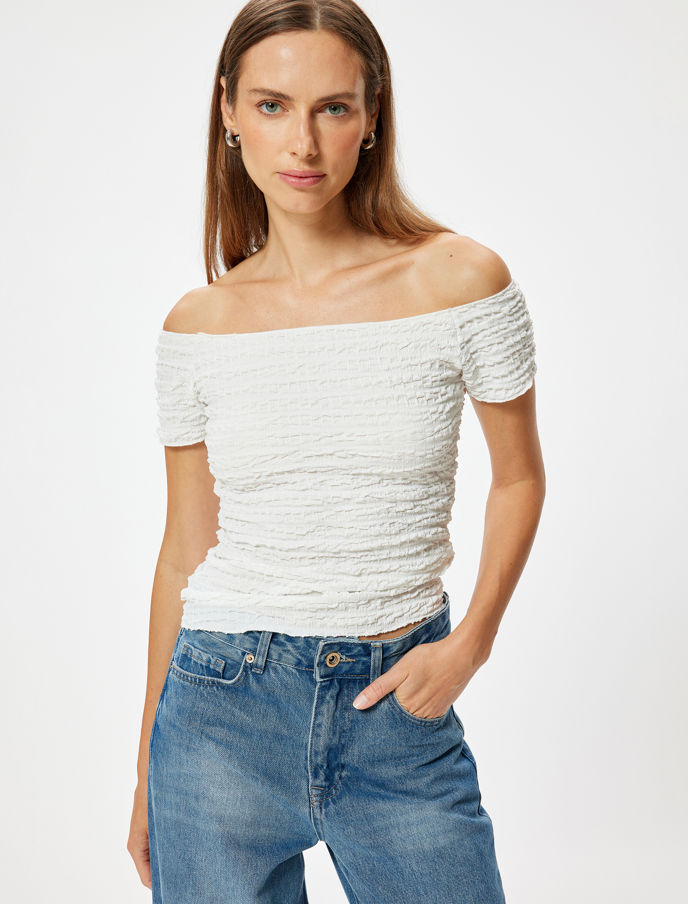   Madonna Yaka Omzu Açık Tişört Dokulu Kısa Kollu Slim Fit