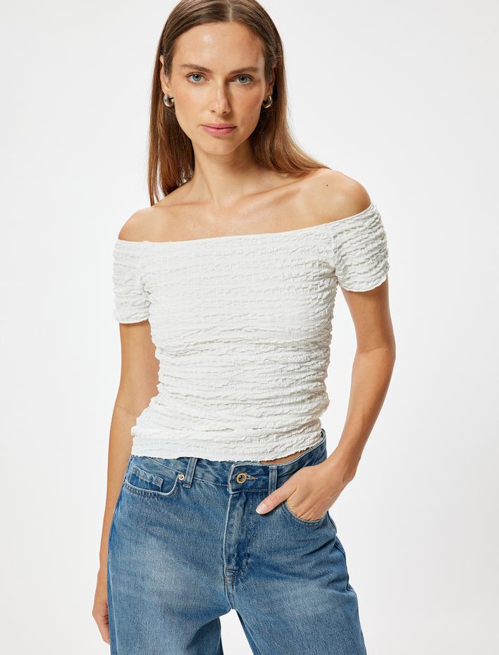  Madonna Yaka Omzu Açık Tişört Dokulu Kısa Kollu Slim Fit