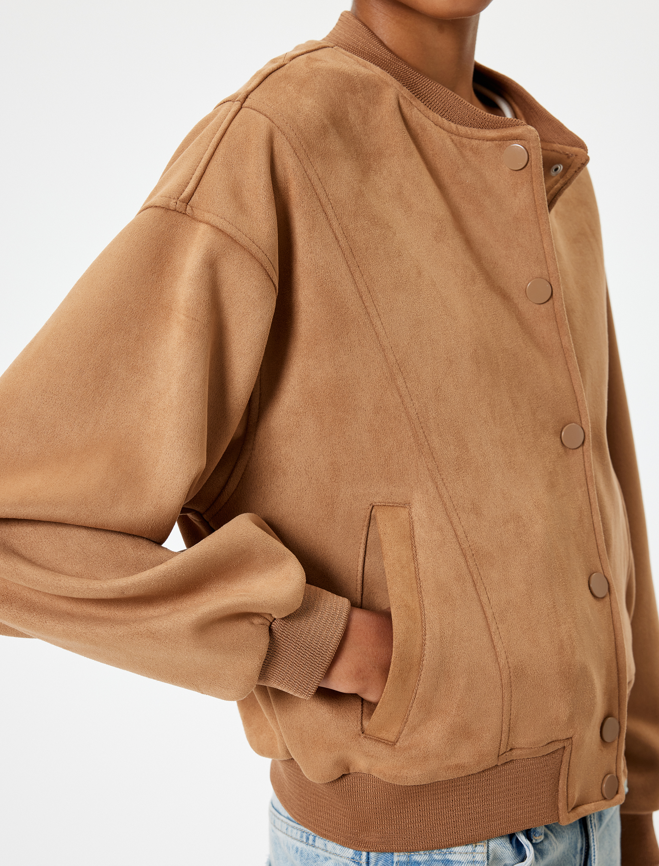   Kolej Bomber Ceket Süet Görünümlü Çıtçıt Düğmeli Cep Detaylı Ribanalı