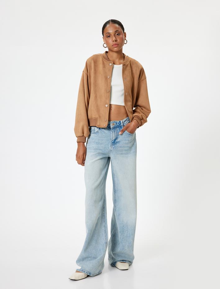  Kolej Bomber Ceket Süet Görünümlü Çıtçıt Düğmeli Cep Detaylı Ribanalı