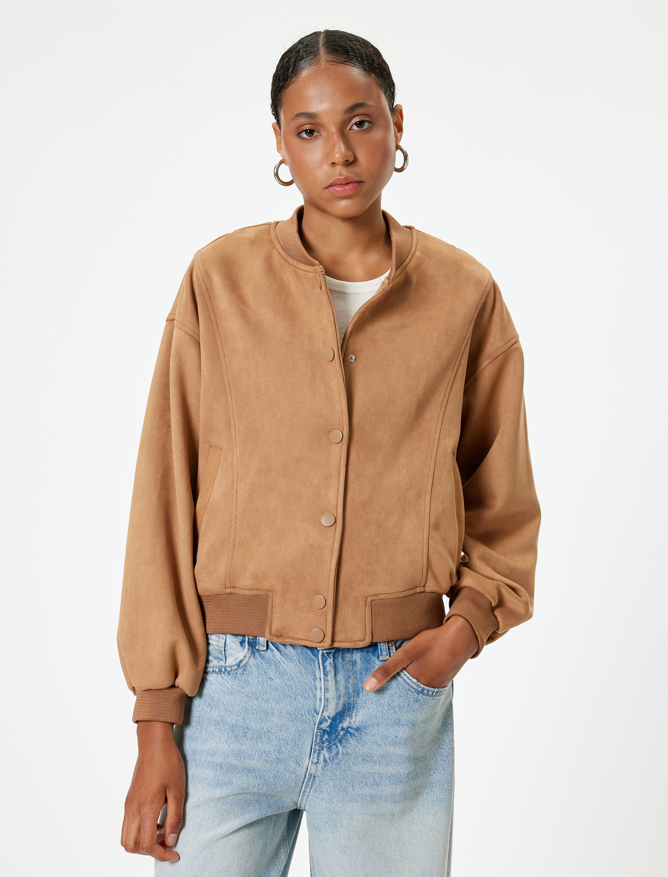   Kolej Bomber Ceket Süet Görünümlü Çıtçıt Düğmeli Cep Detaylı Ribanalı