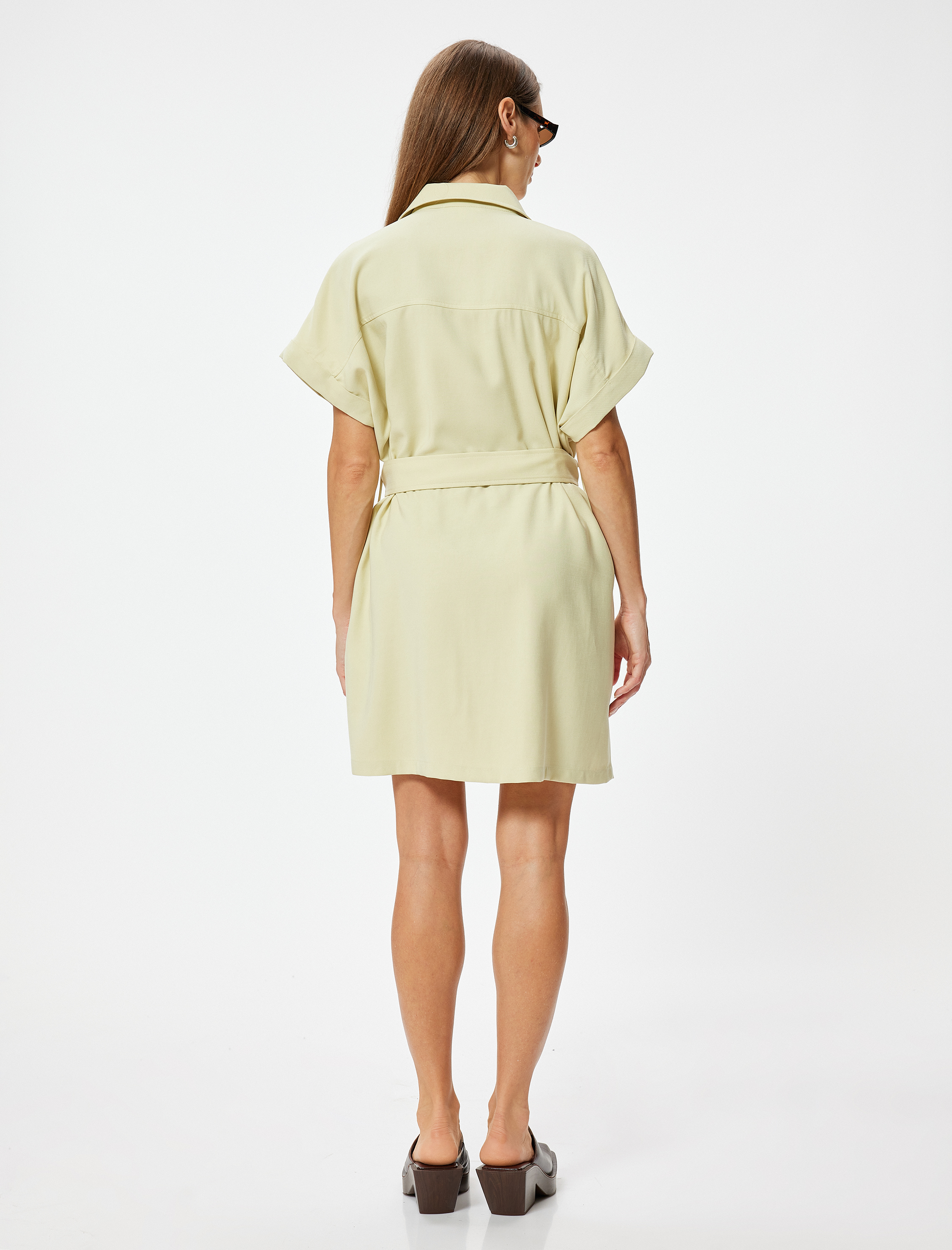   Mini Gömlek Elbise Viskon Kısa Kollu Kemerli Cepli