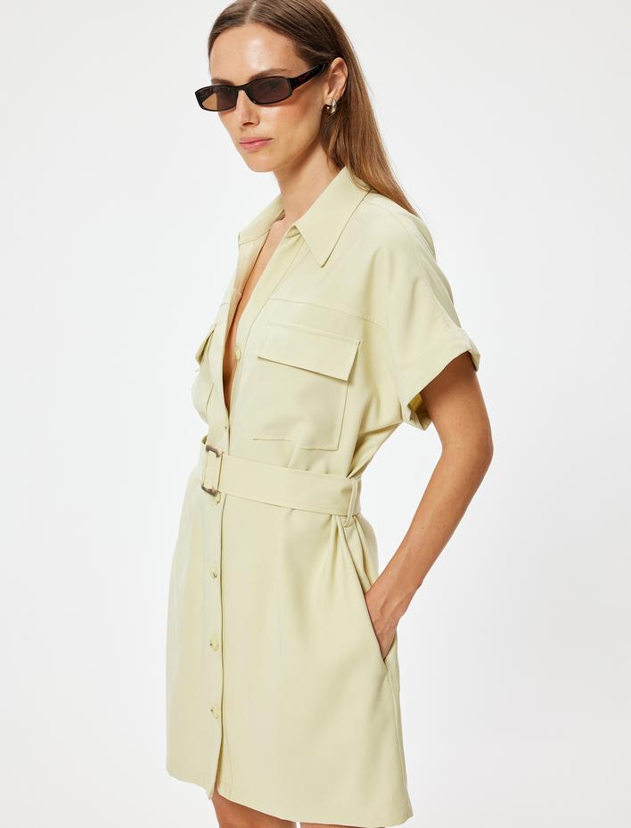  Mini Gömlek Elbise Viskon Kısa Kollu Kemerli Cepli