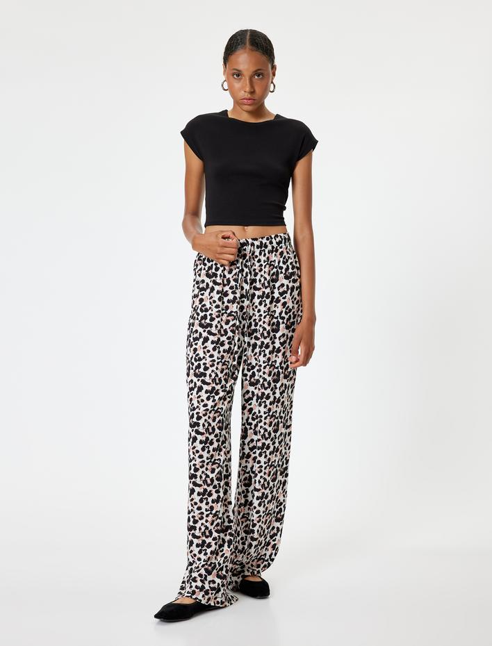 Leopar Desenli Pantolon Beli Bağcıklı Viskon Kumaş