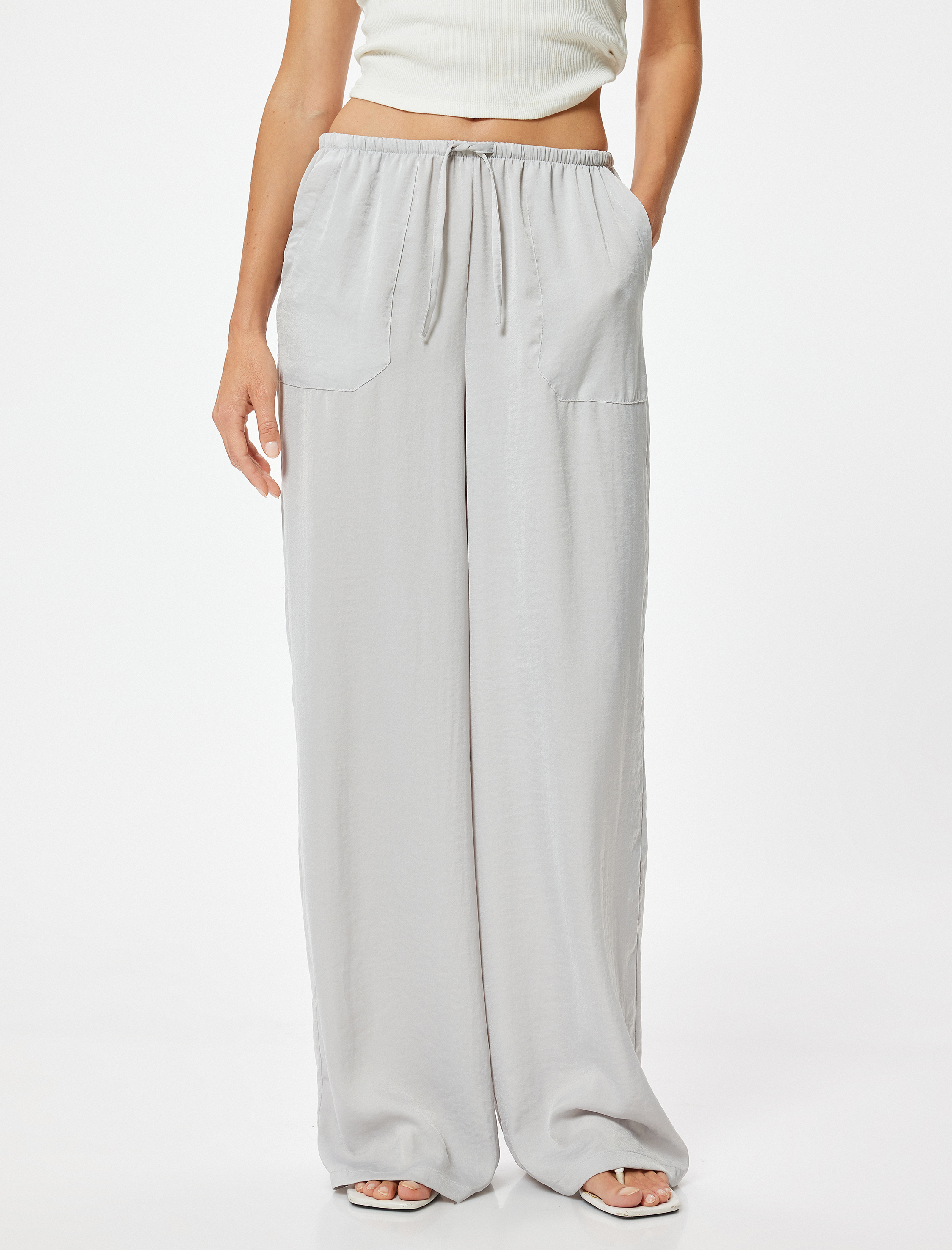   Aerobin Saten Pantolon Bol Paça Cepli Beli Bağlamalı Astarsız