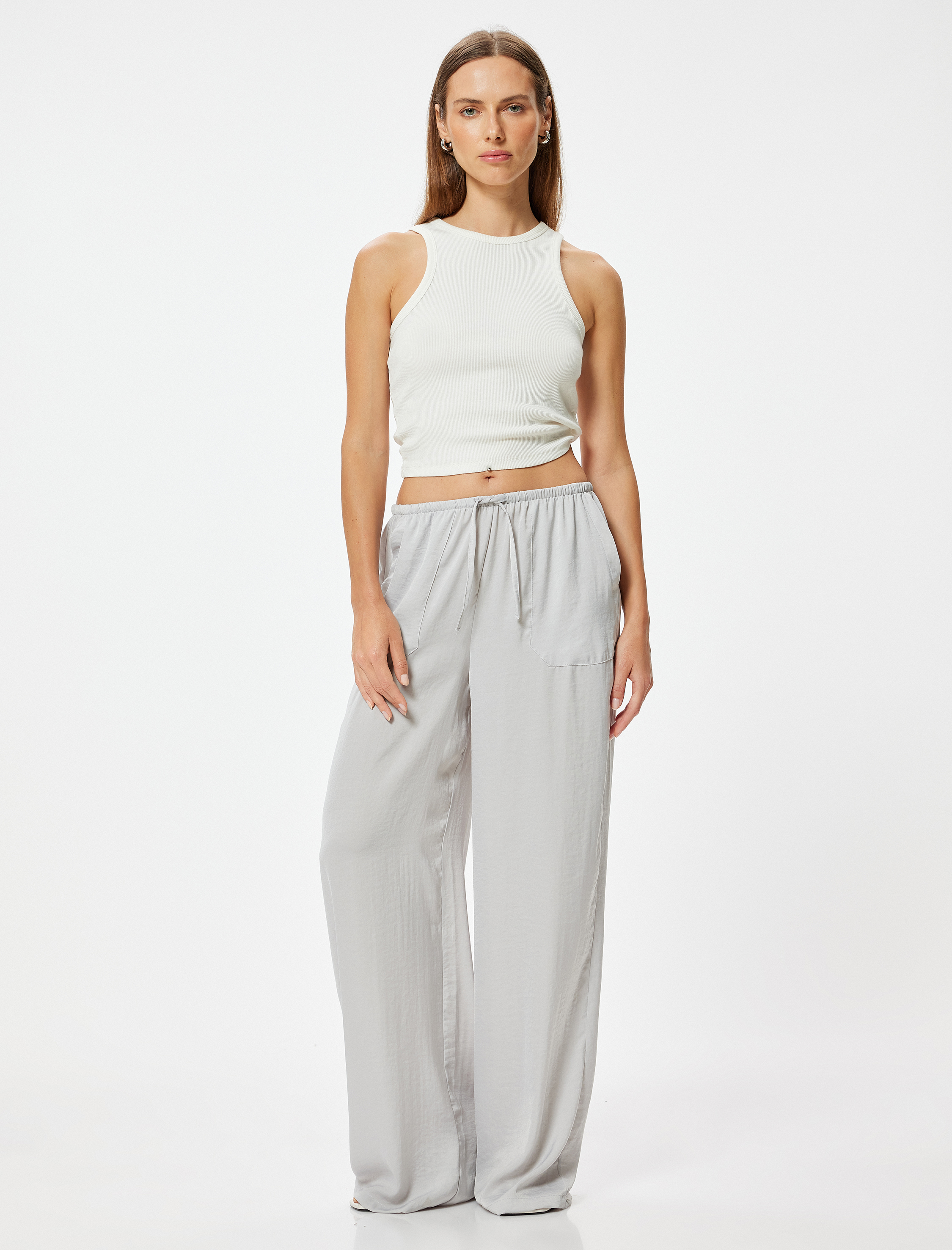   Aerobin Saten Pantolon Bol Paça Cepli Beli Bağlamalı Astarsız