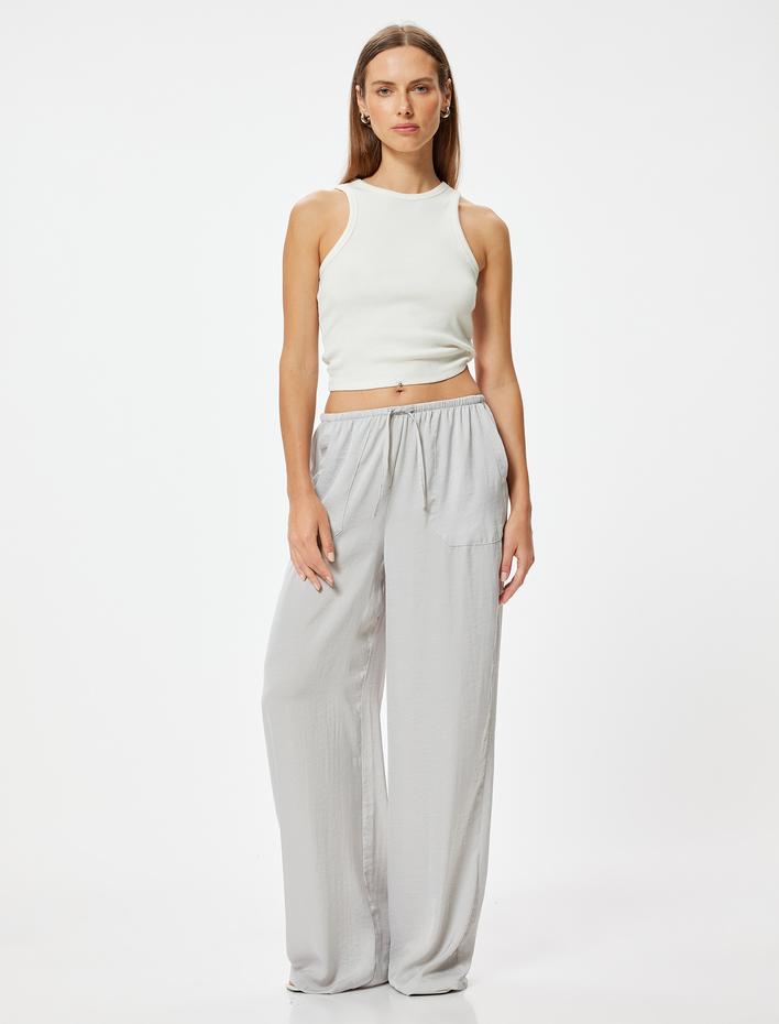  Aerobin Saten Pantolon Bol Paça Cepli Beli Bağlamalı Astarsız
