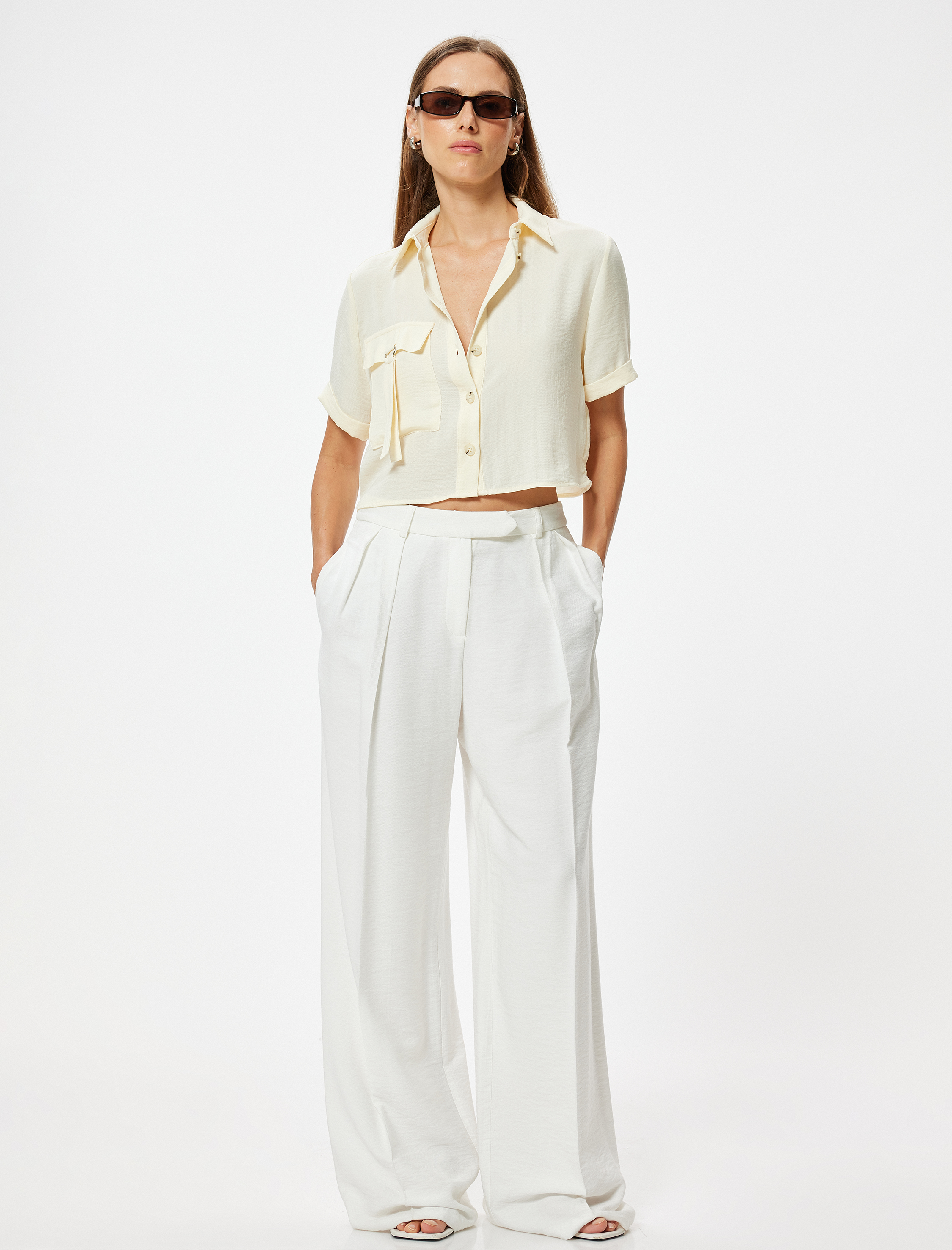   Crop Kısa Kollu Gömlek Kargo Cep Detaylı Modal Kumaş Bol Kalıp