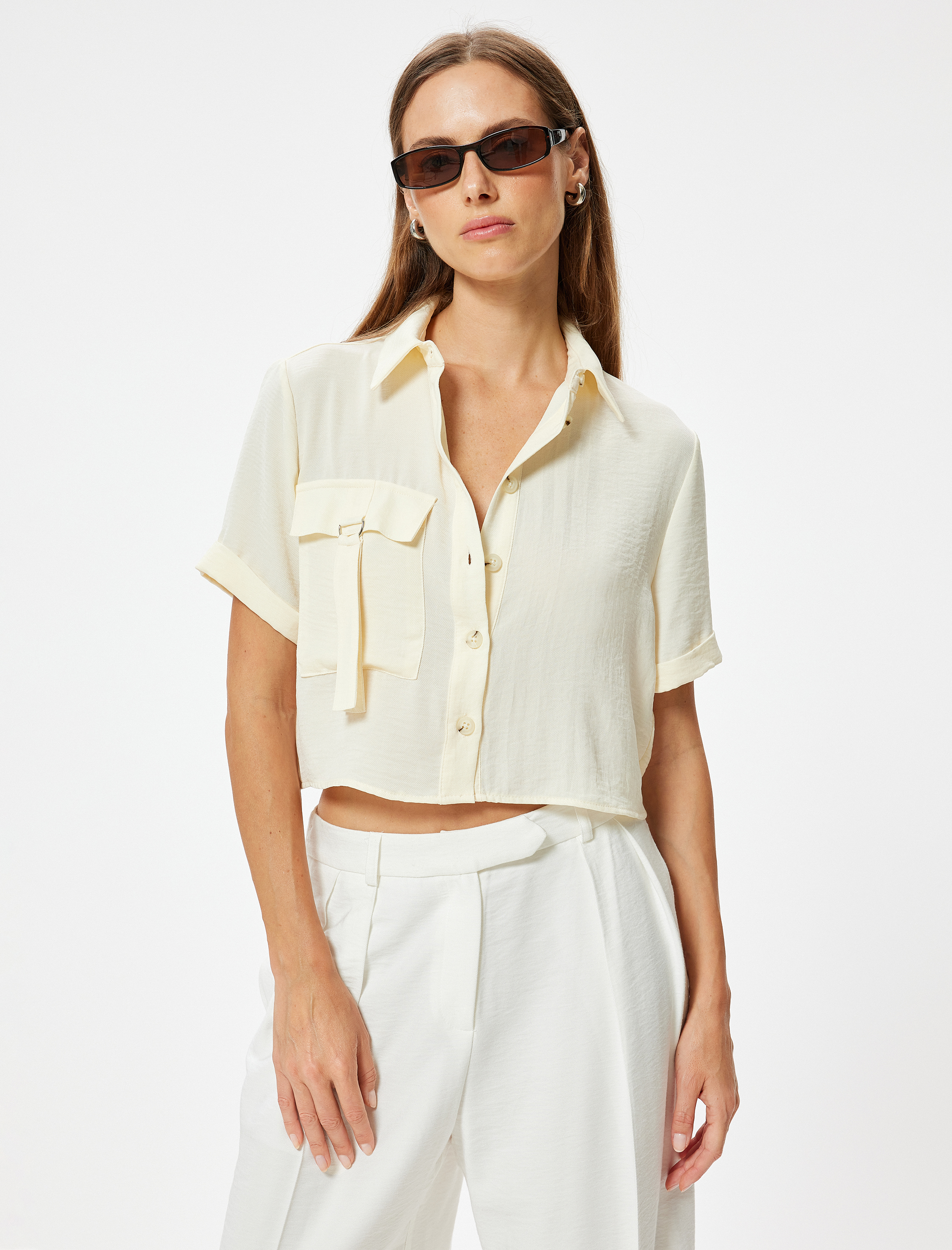   Crop Kısa Kollu Gömlek Kargo Cep Detaylı Modal Kumaş Bol Kalıp