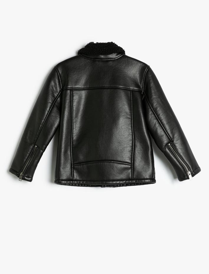 Erkek Çocuk Biker Ceket Deri Görünümlü Peluş Yaka Fermuarlı