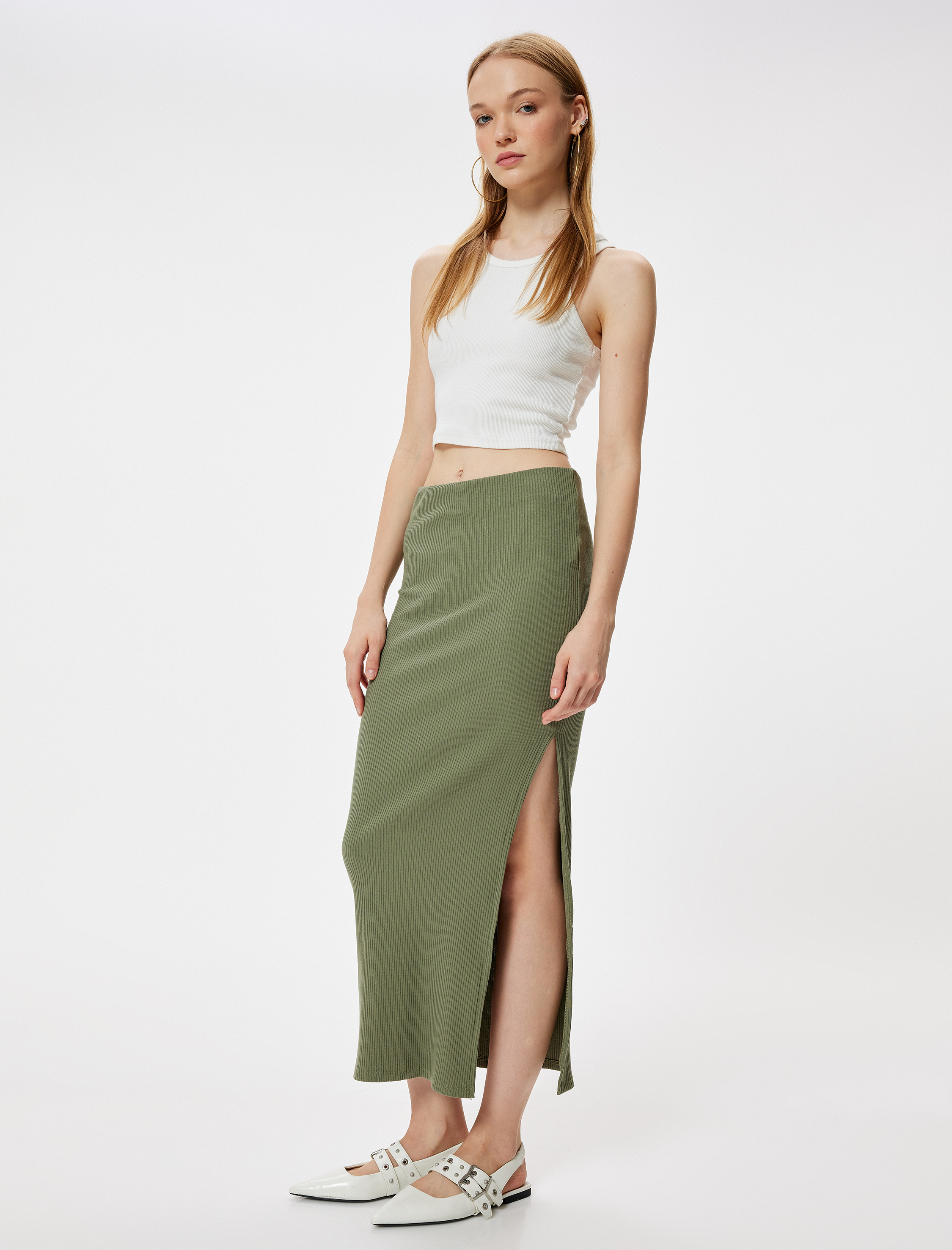   Yüksek Bel Yırtmaç Detaylı Midi A Kesim Fitilli Etek