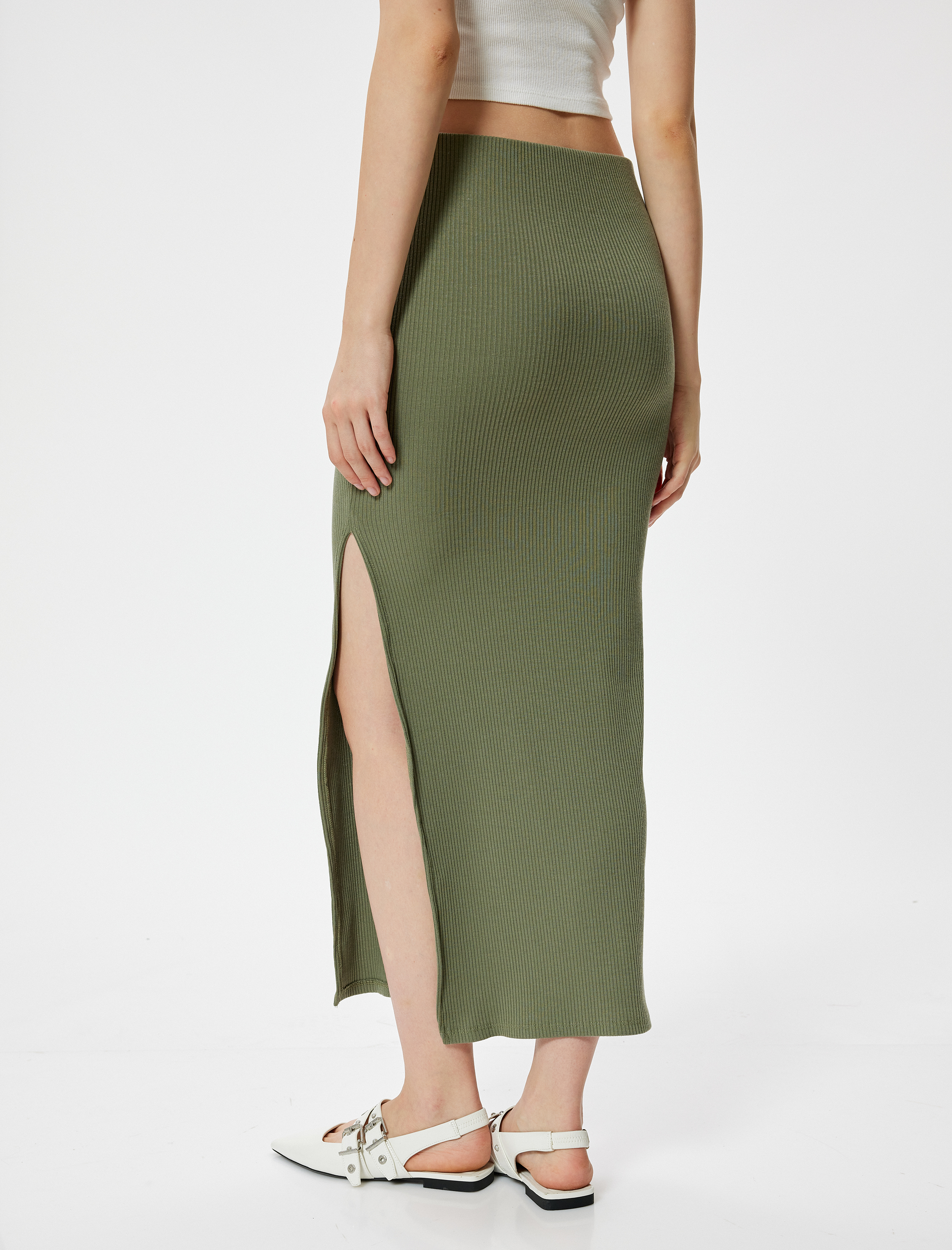   Yüksek Bel Yırtmaç Detaylı Midi A Kesim Fitilli Etek