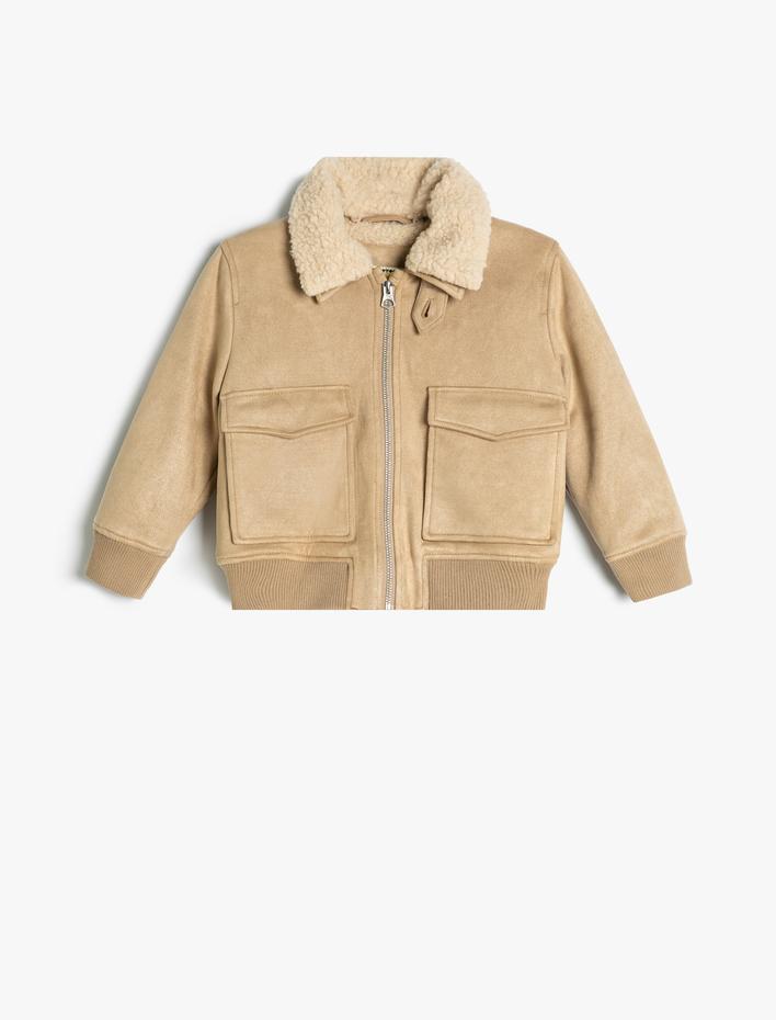 Erkek Çocuk Biker Ceket Peluş Yaka Detaylı Fermuarlı