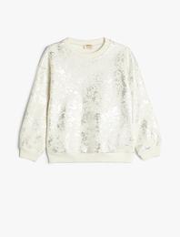 Sweatshirt Parlak Baskılı Bisiklet Yaka Uzun Kollu Şardonlu