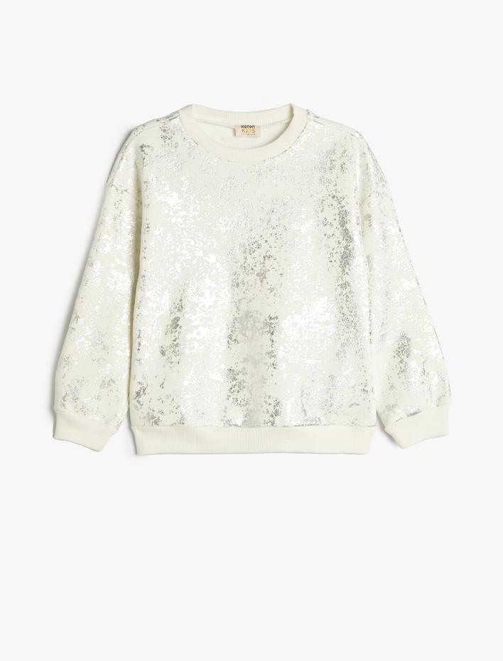 Kız Çocuk Sweatshirt Parlak Baskılı Bisiklet Yaka Uzun Kollu Şardonlu