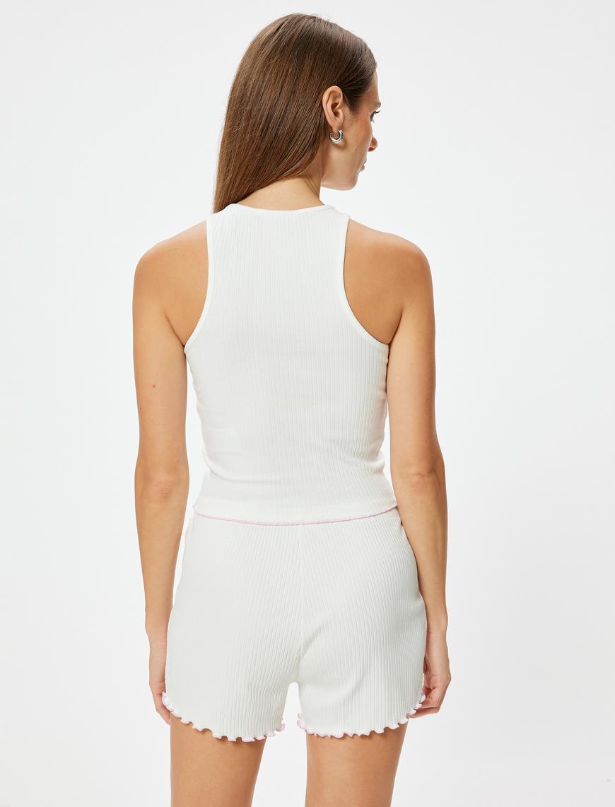   Crop Halter Yaka Pijama Üstü Ribanalı İşleme Detaylı