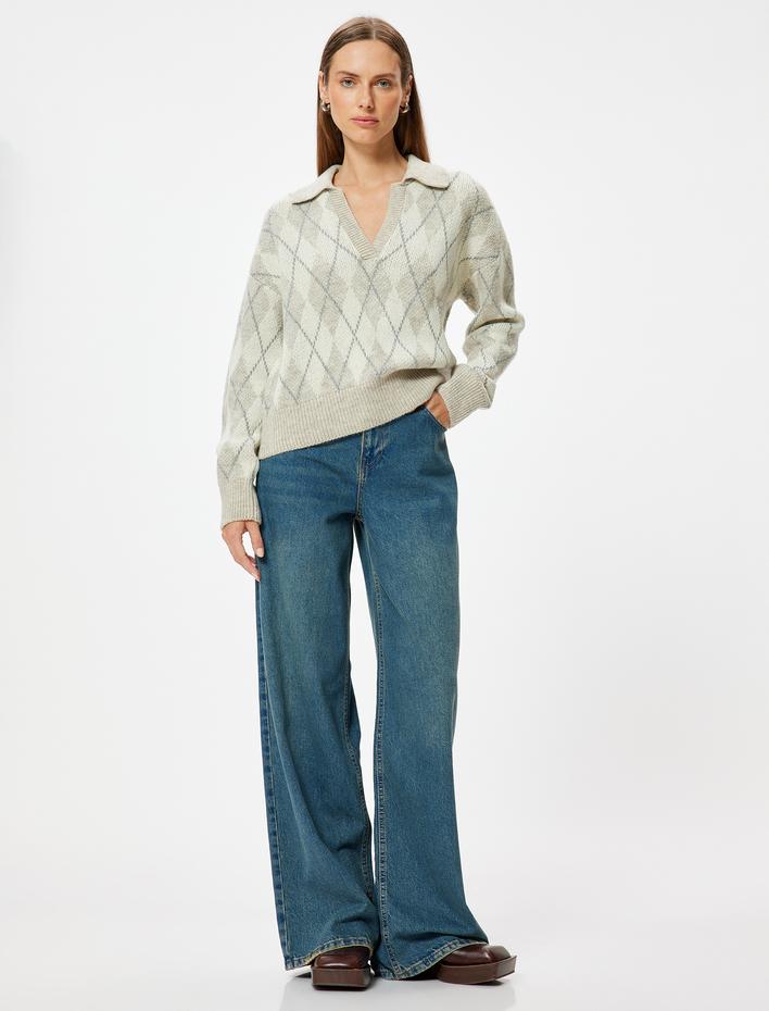  Baklava Desenli Polo Yaka Triko Kazak Yumuşak Dokulu