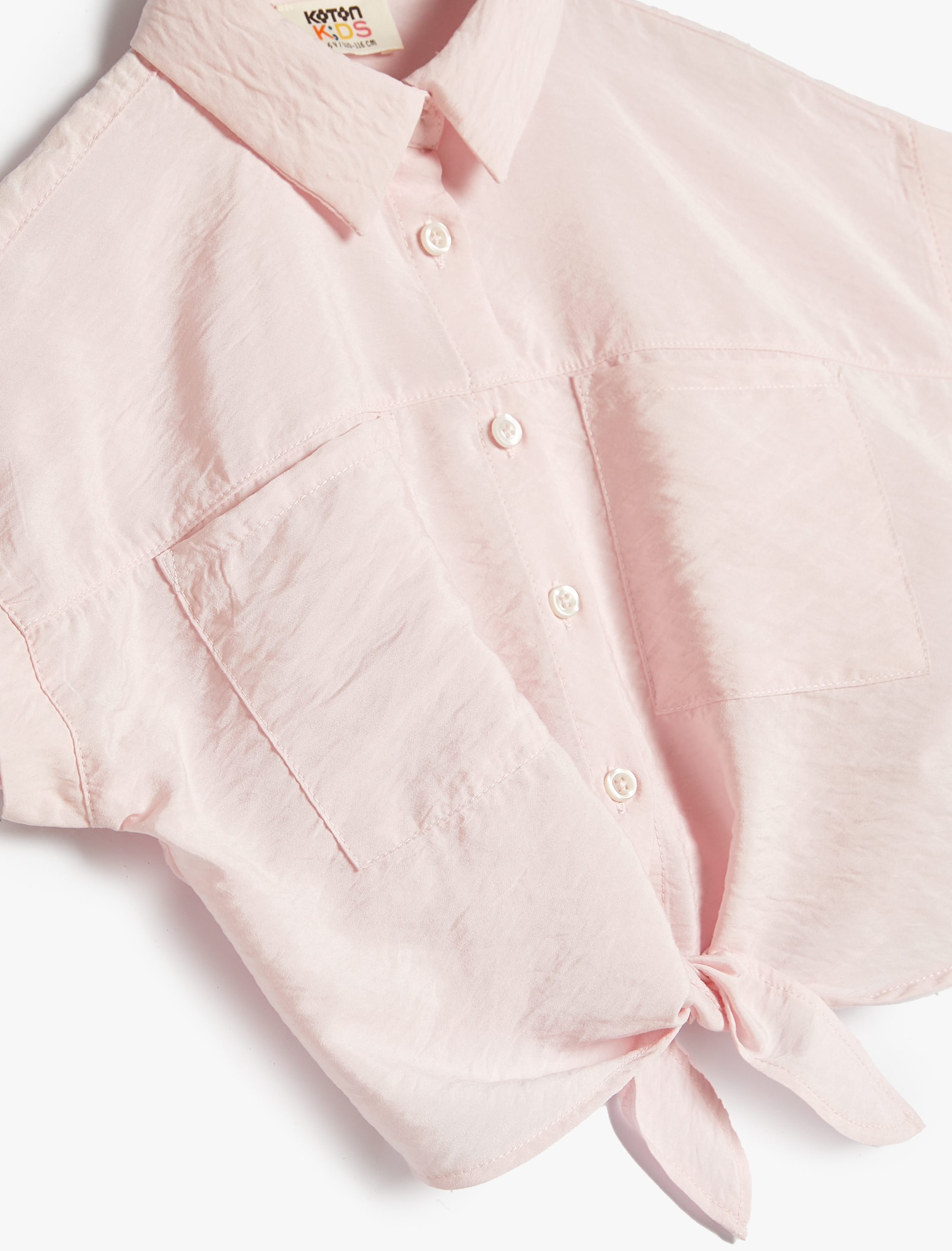  Kız Çocuk Crop Gömlek Önden Bağlama Detaylı Kısa Kollu Cepli