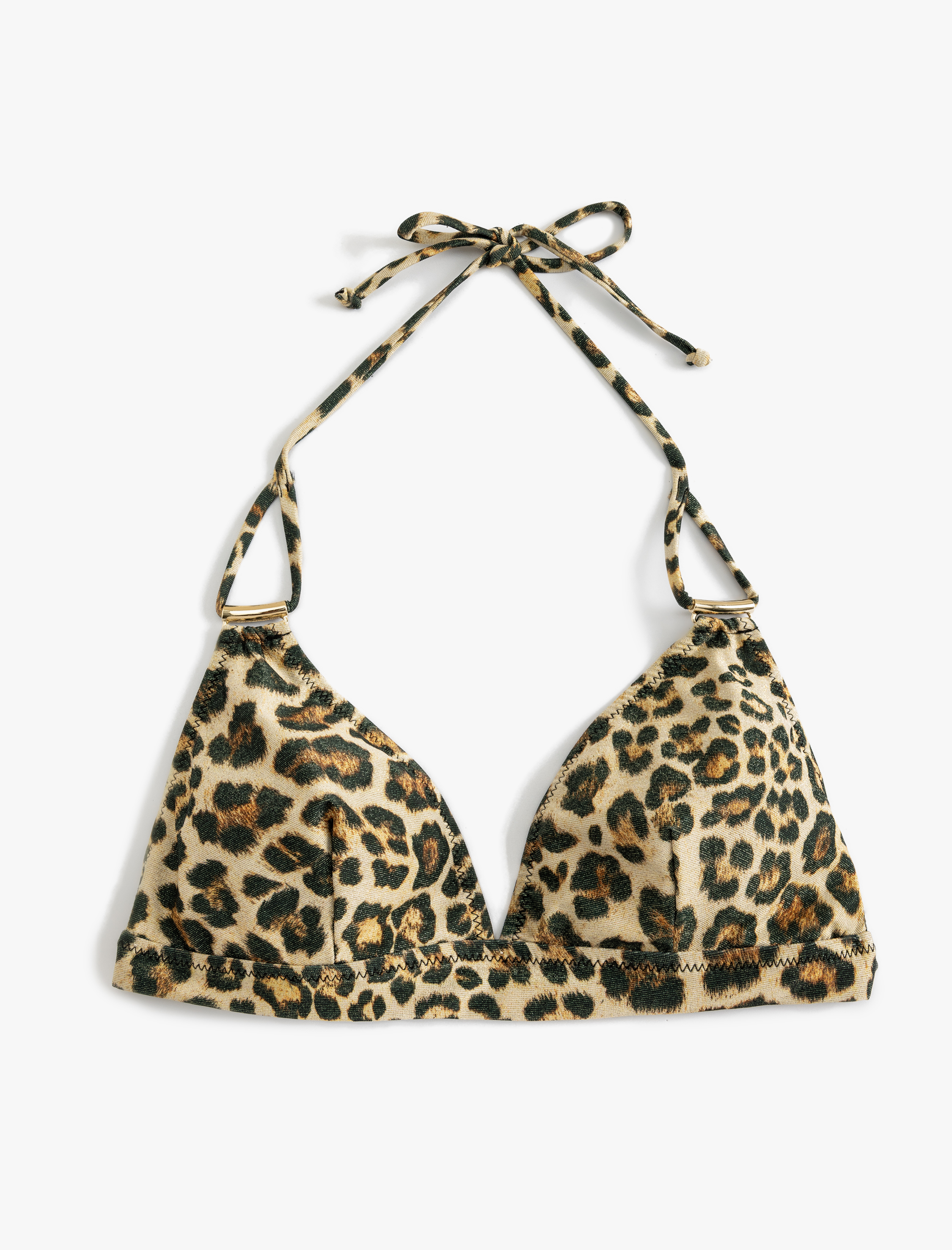   Leopar Bikini Üstü Üçgen Metal Aksesuar Detaylı