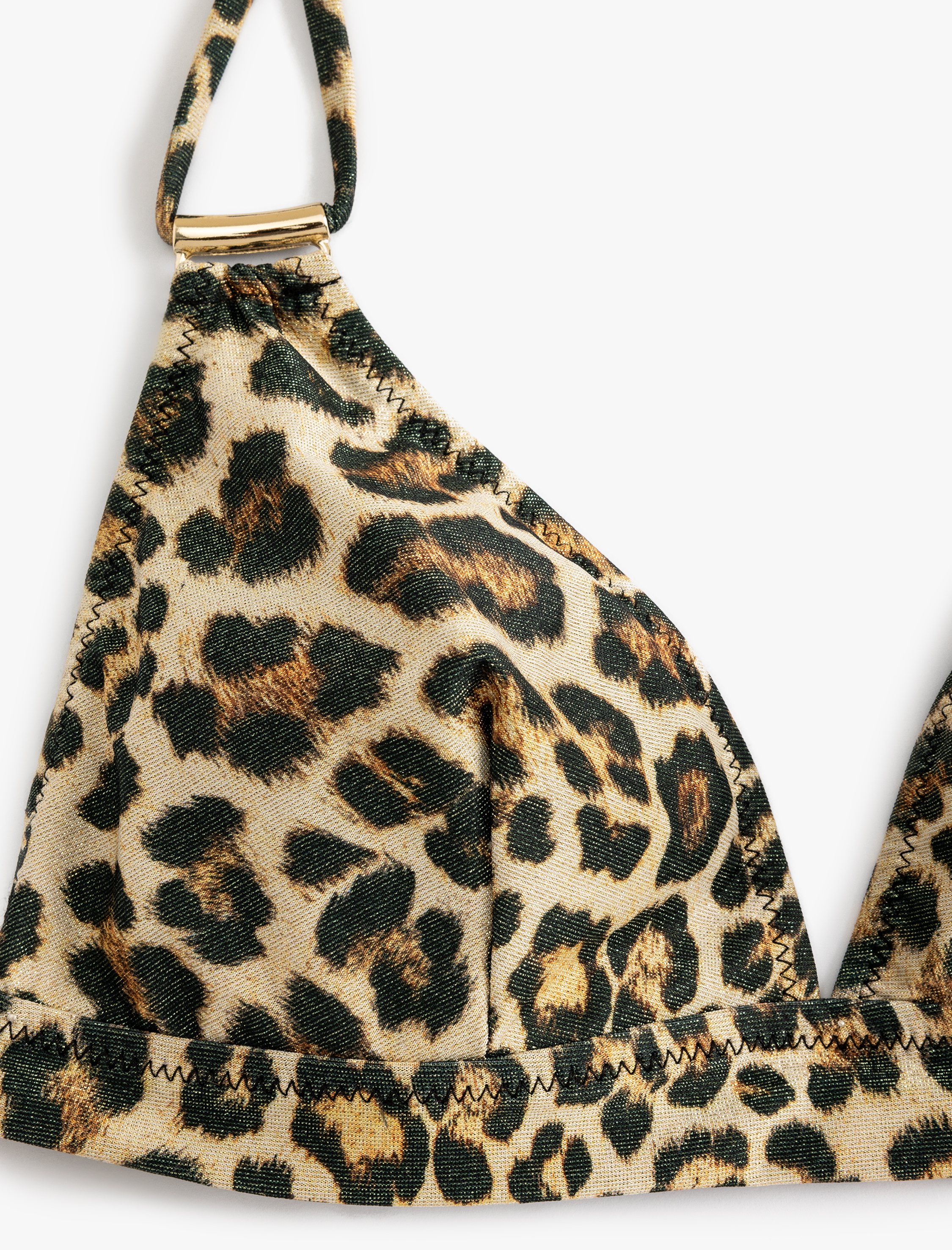  Leopar Bikini Üstü Üçgen Metal Aksesuar Detaylı