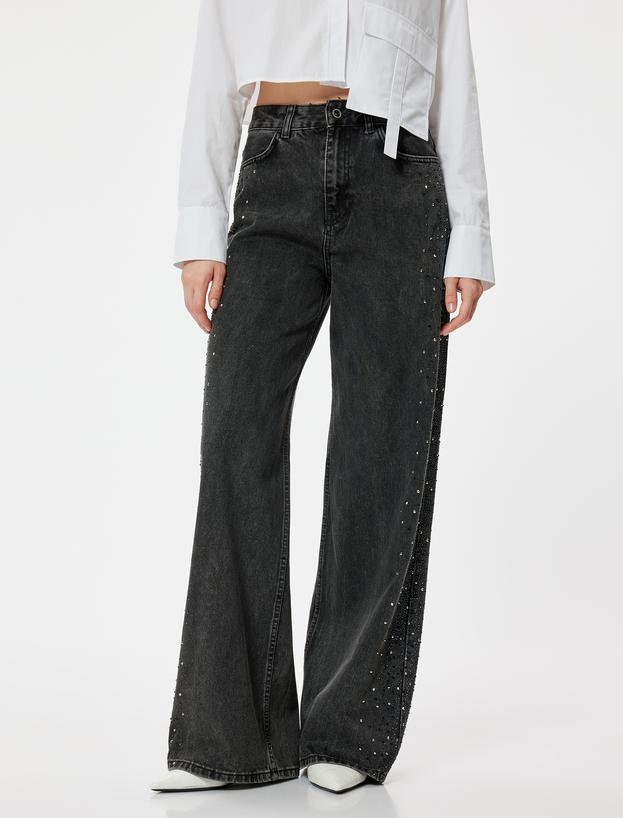 Bol Paça Kot Pantolon Taşlı Yüksek Bel Düğmeli - Bianca Wide Leg Jeans_2