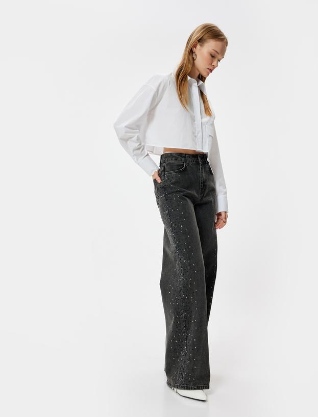 Bol Paça Kot Pantolon Taşlı Yüksek Bel Düğmeli - Bianca Wide Leg Jeans_0