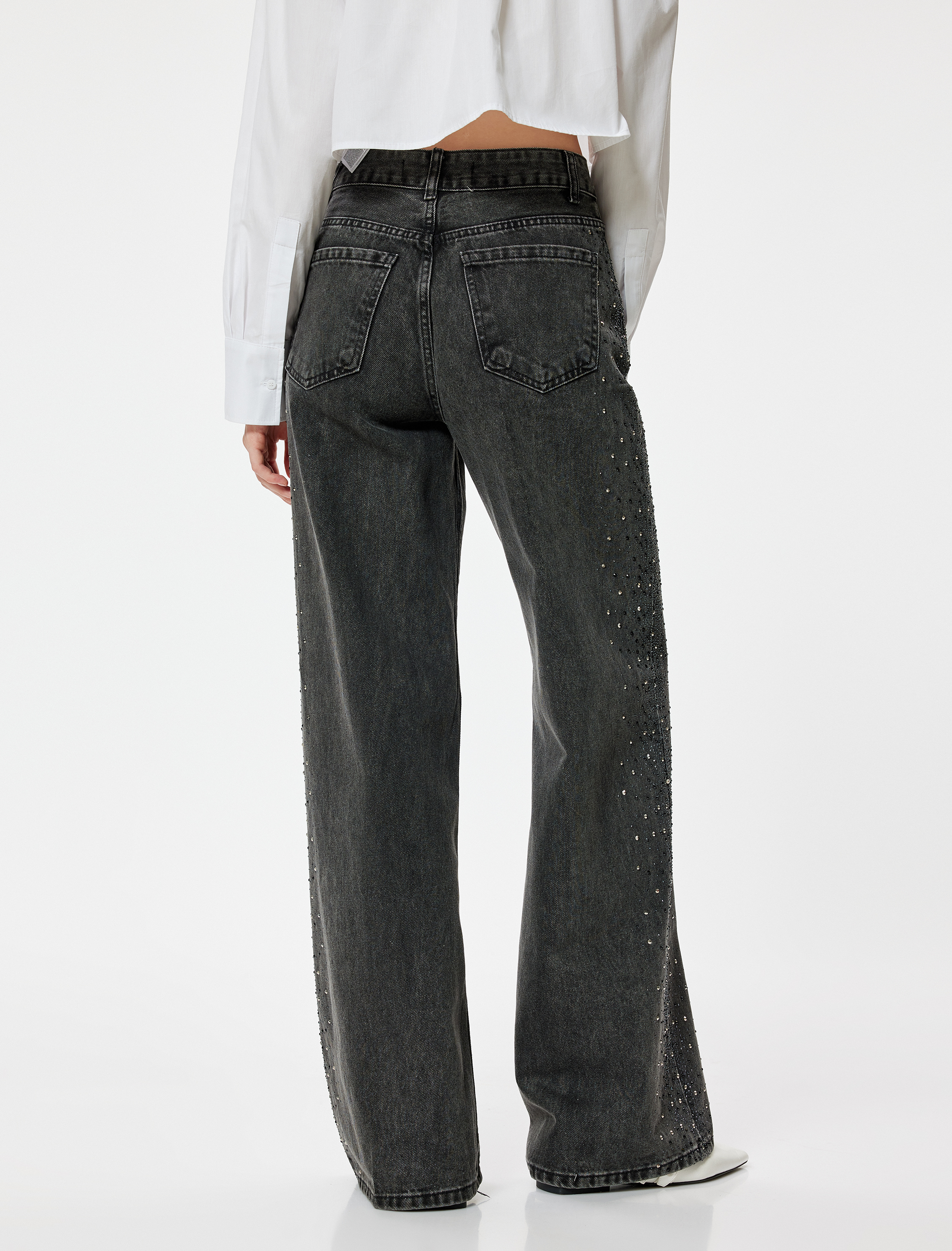   Yüksek Bel Kot Pantolon Taşlı Düğmeli -  Wide Leg Jeans