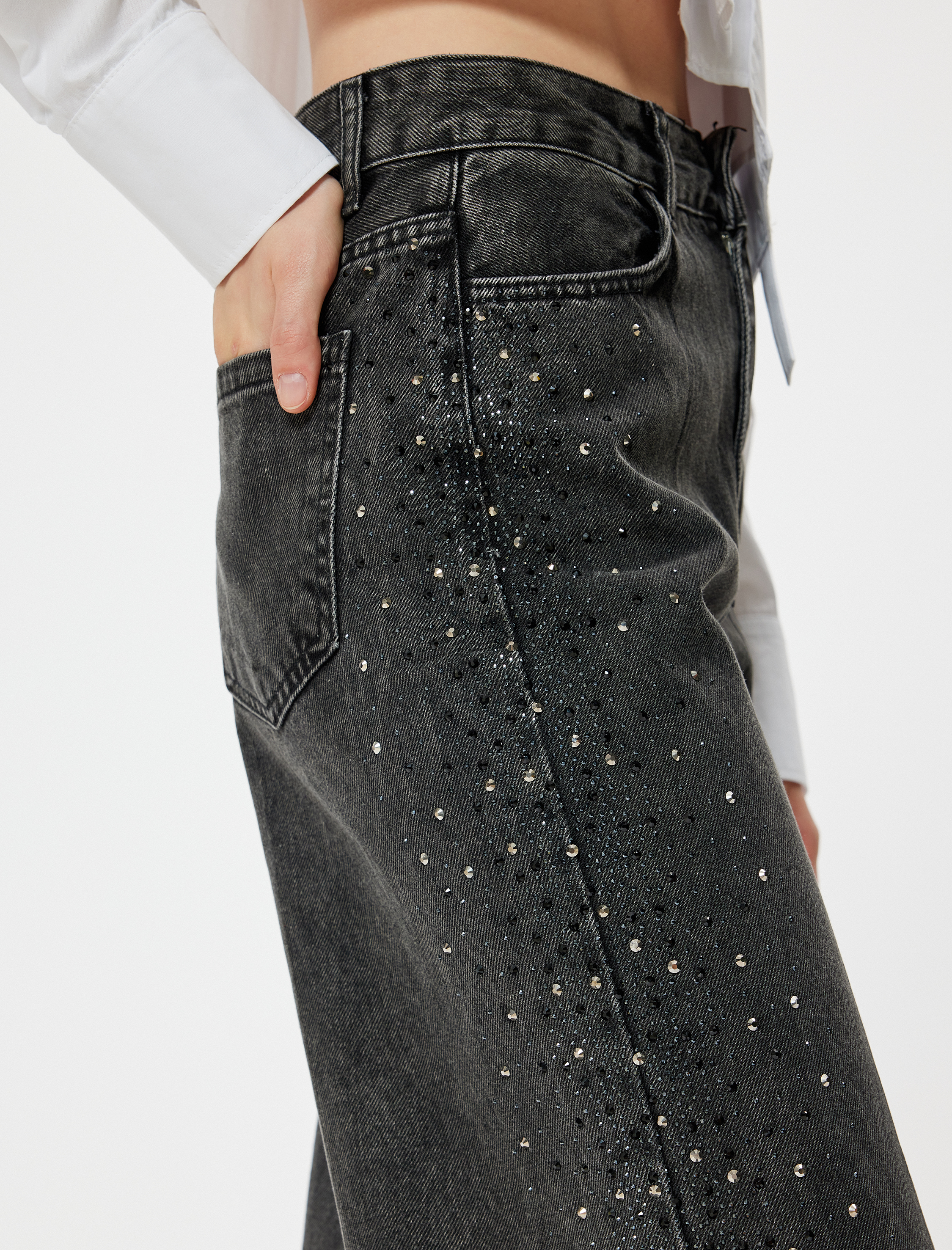   Yüksek Bel Kot Pantolon Taşlı Düğmeli -  Wide Leg Jeans