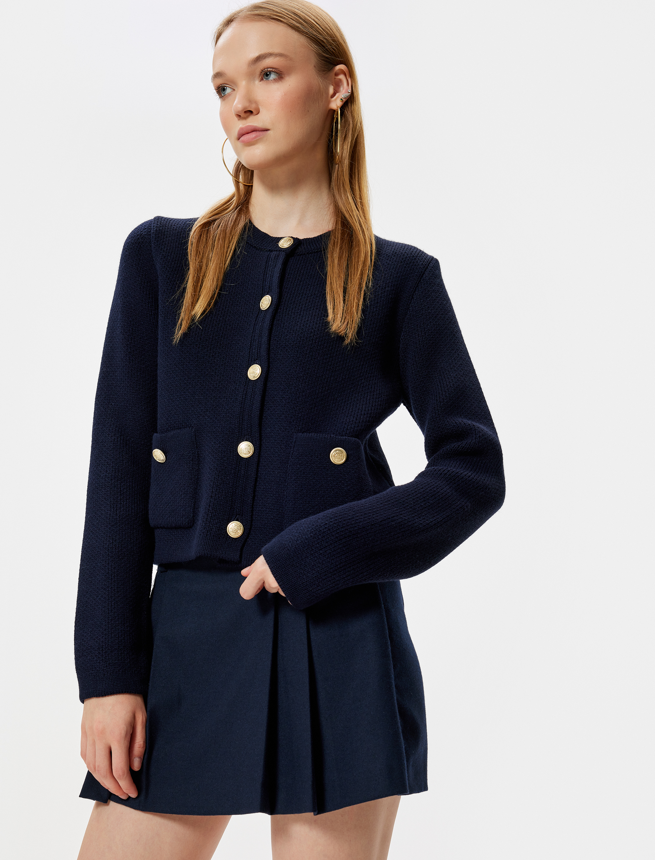 Triko Hırka Bisiklet Yaka Cep Detaylı Düğmeli