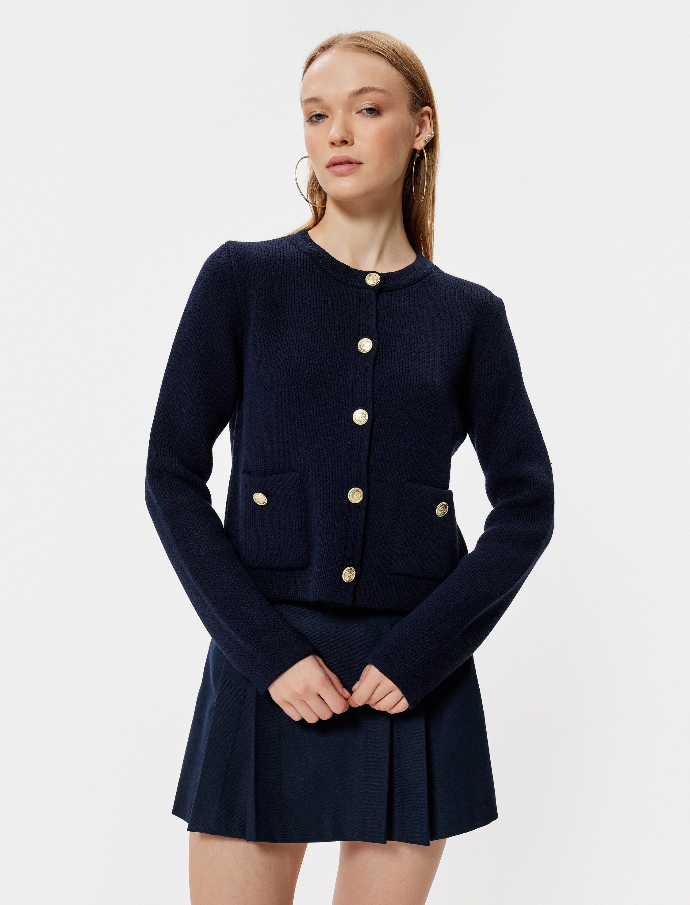 Triko Hırka Bisiklet Yaka Cep Detaylı Düğmeli