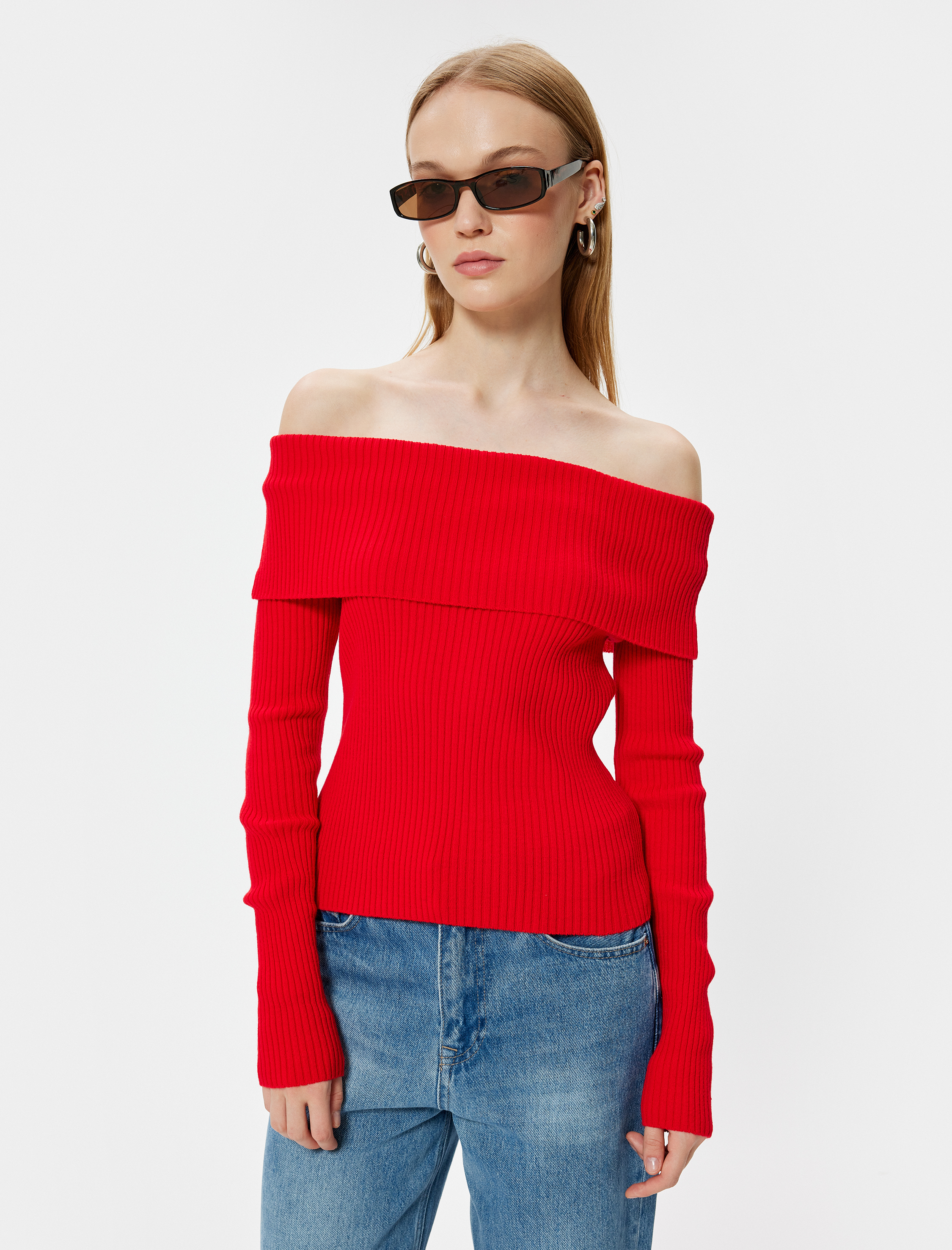   Madonna Yaka Omzu Açık Kazak Triko Basic Dokulu