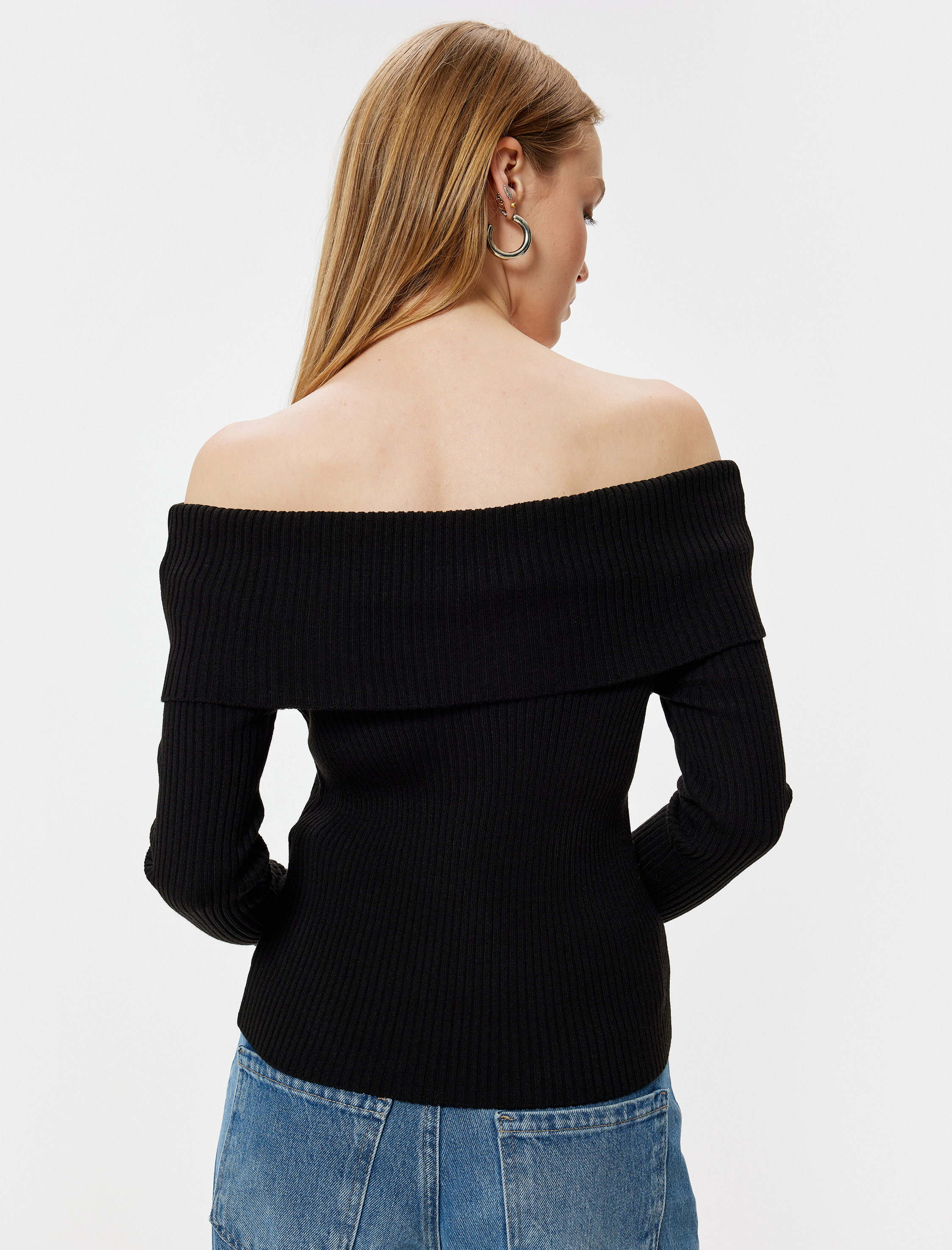   Madonna Yaka Omzu Açık Kazak Triko Basic Dokulu