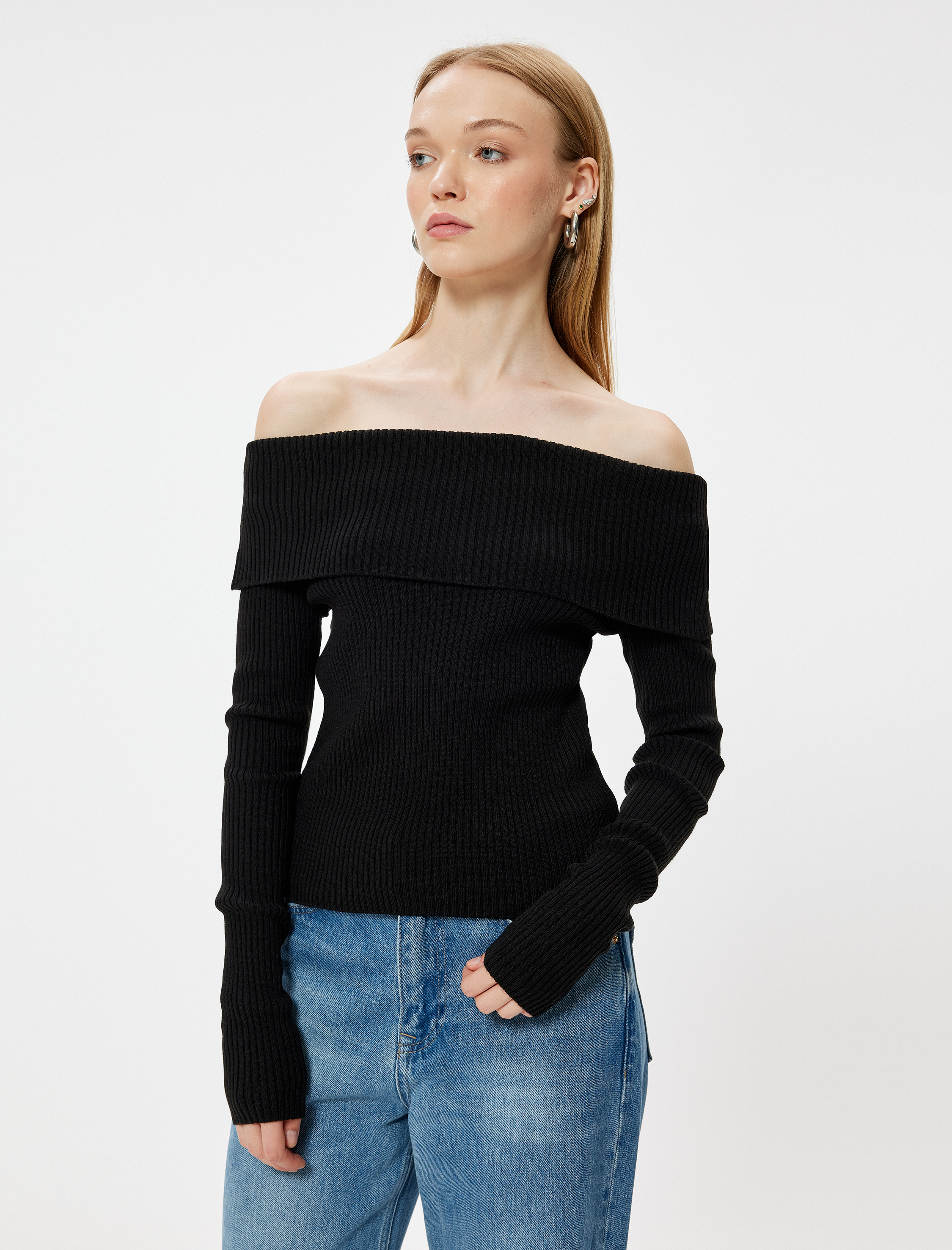   Madonna Yaka Omzu Açık Kazak Triko Basic Dokulu