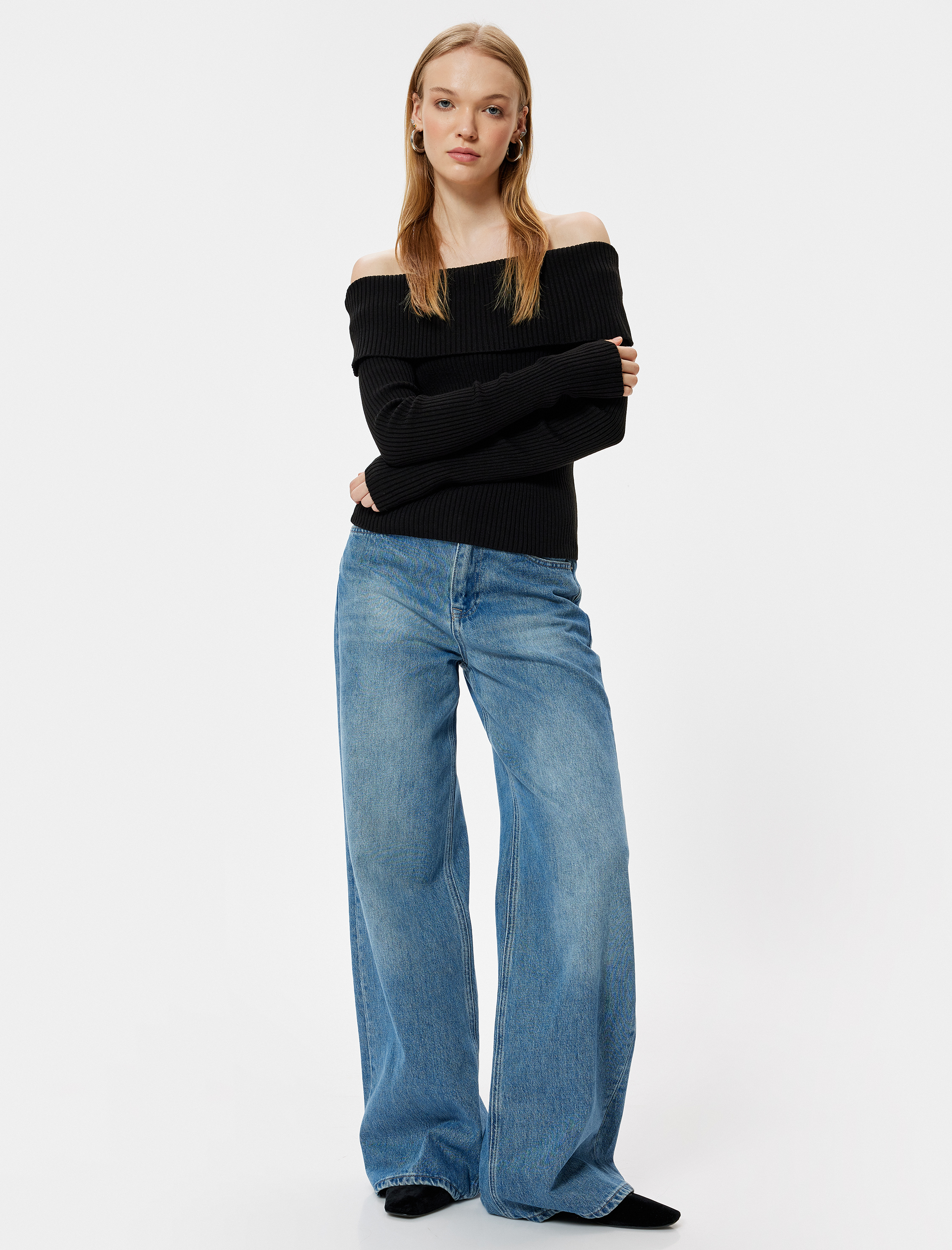   Madonna Yaka Omzu Açık Kazak Triko Basic Dokulu