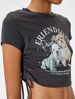 Crop Tişört Köpek Baskılı Büzgülü Slim Fit Bisiklet Yaka_4