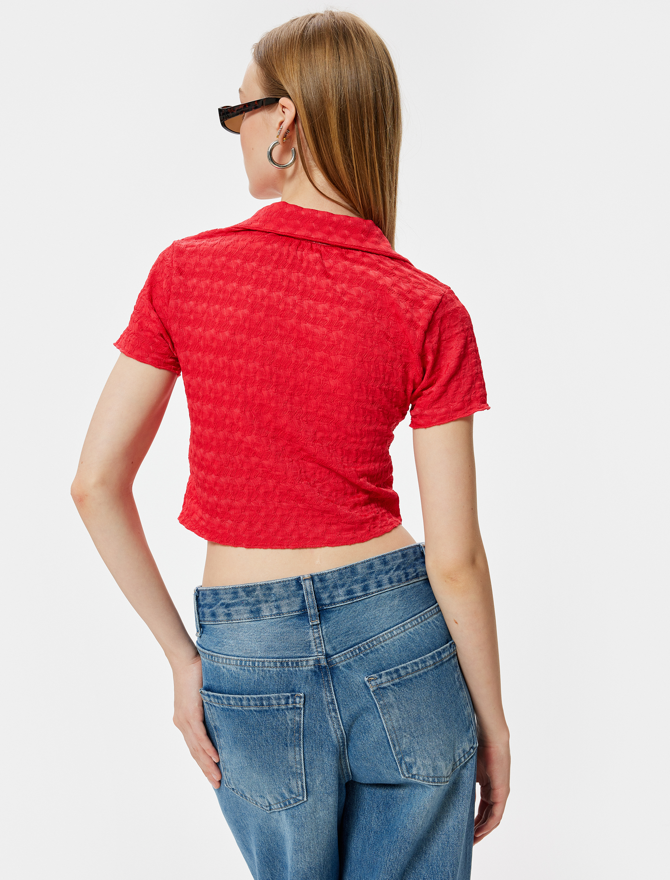   Crop Polo Yaka Tişört Önden Büzgülü Bağlamalı Dokulu Bürümcük